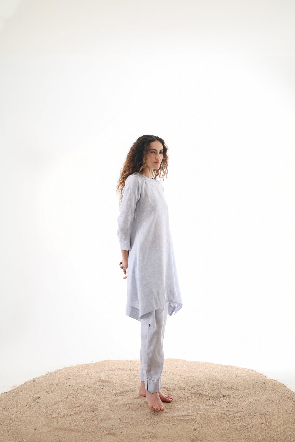 Aks Flowy Co-ord Set with Asymmetrical Hem & Handwork Detailing - Powder Blue or Mint Dust