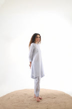 Aks Flowy Co-ord Set with Asymmetrical Hem & Handwork Detailing - Powder Blue or Mint Dust