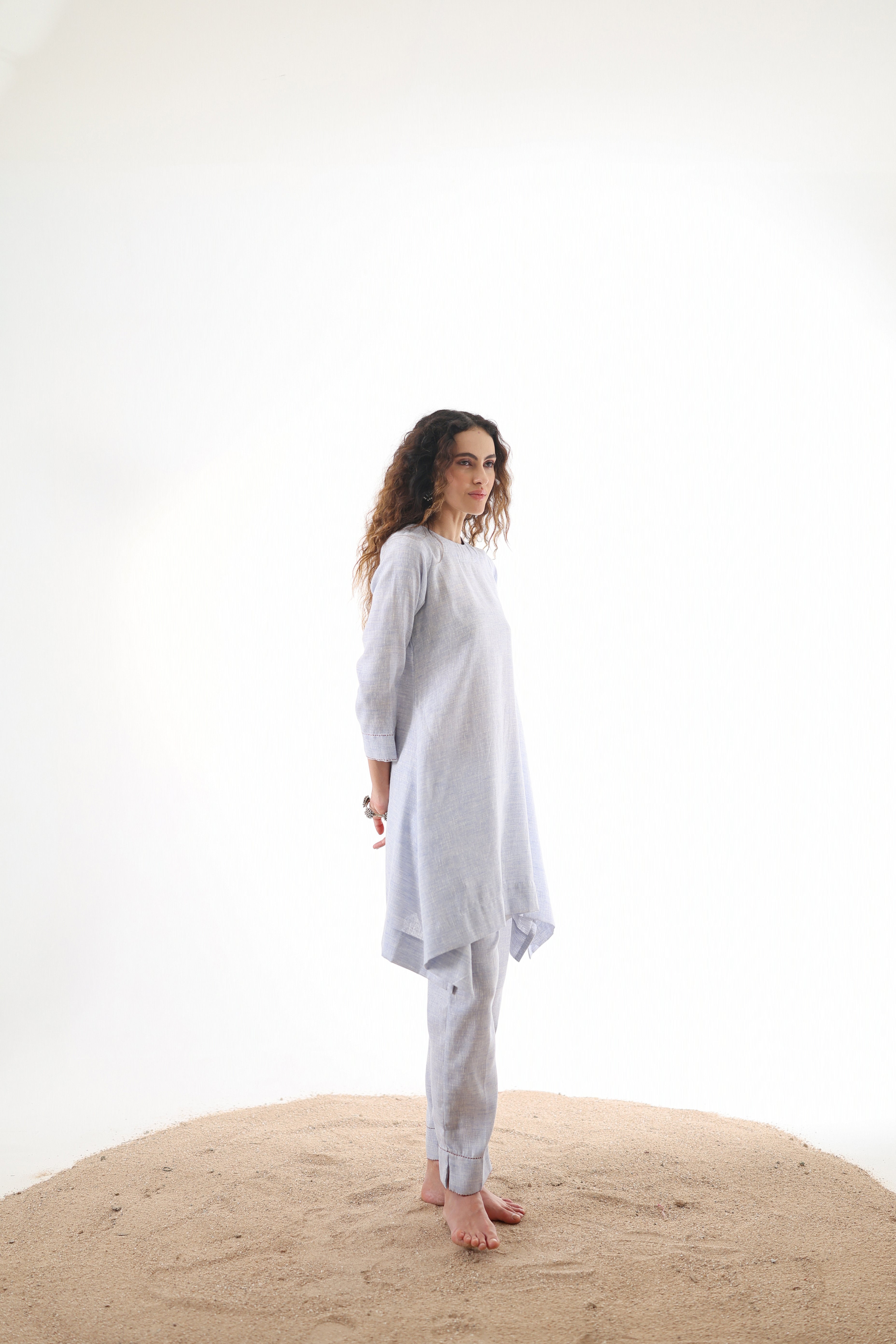 Aks Flowy Co-ord Set with Asymmetrical Hem & Handwork Detailing - Powder Blue or Mint Dust