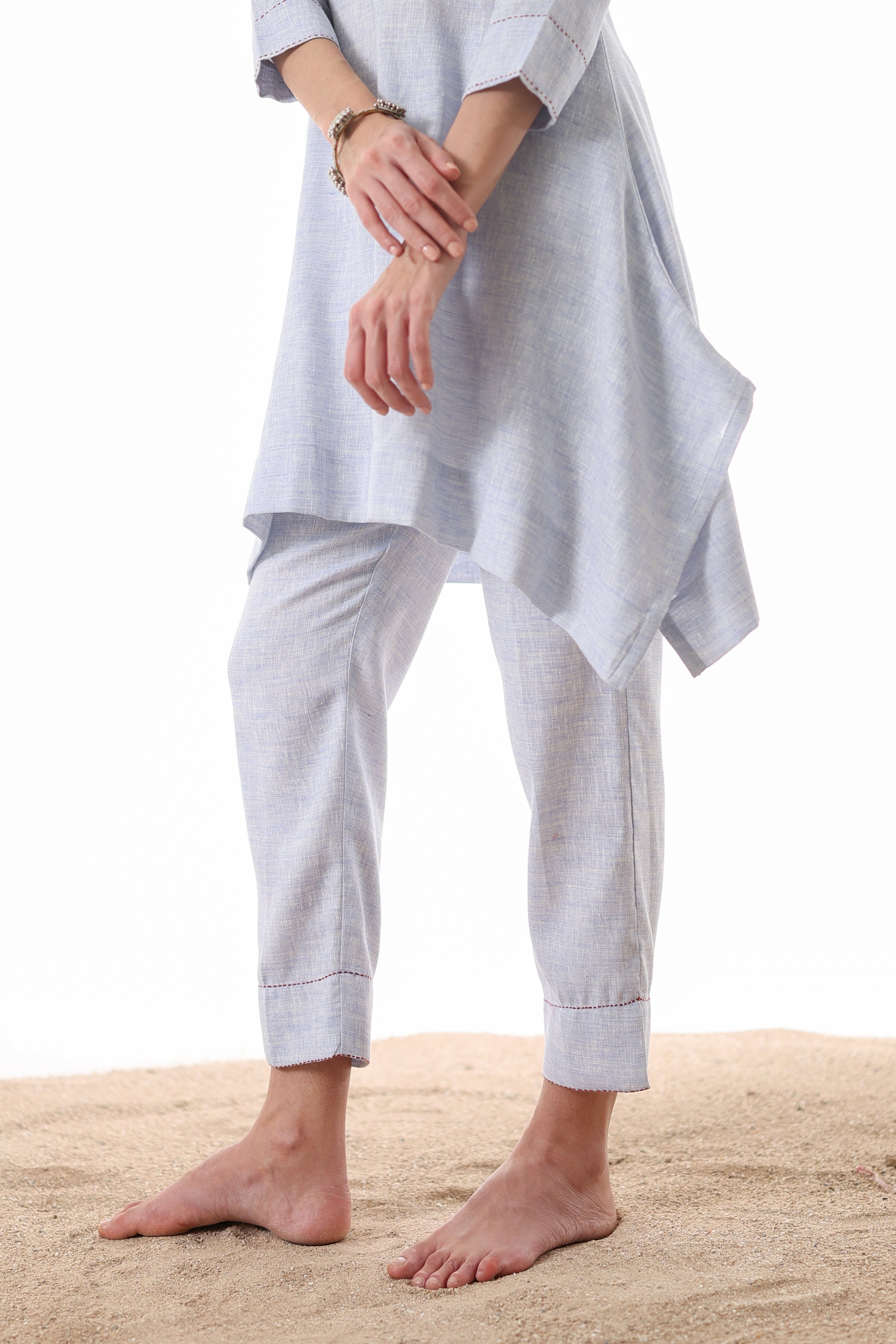 Aks Flowy Co-ord Set with Asymmetrical Hem & Handwork Detailing - Powder Blue or Mint Dust