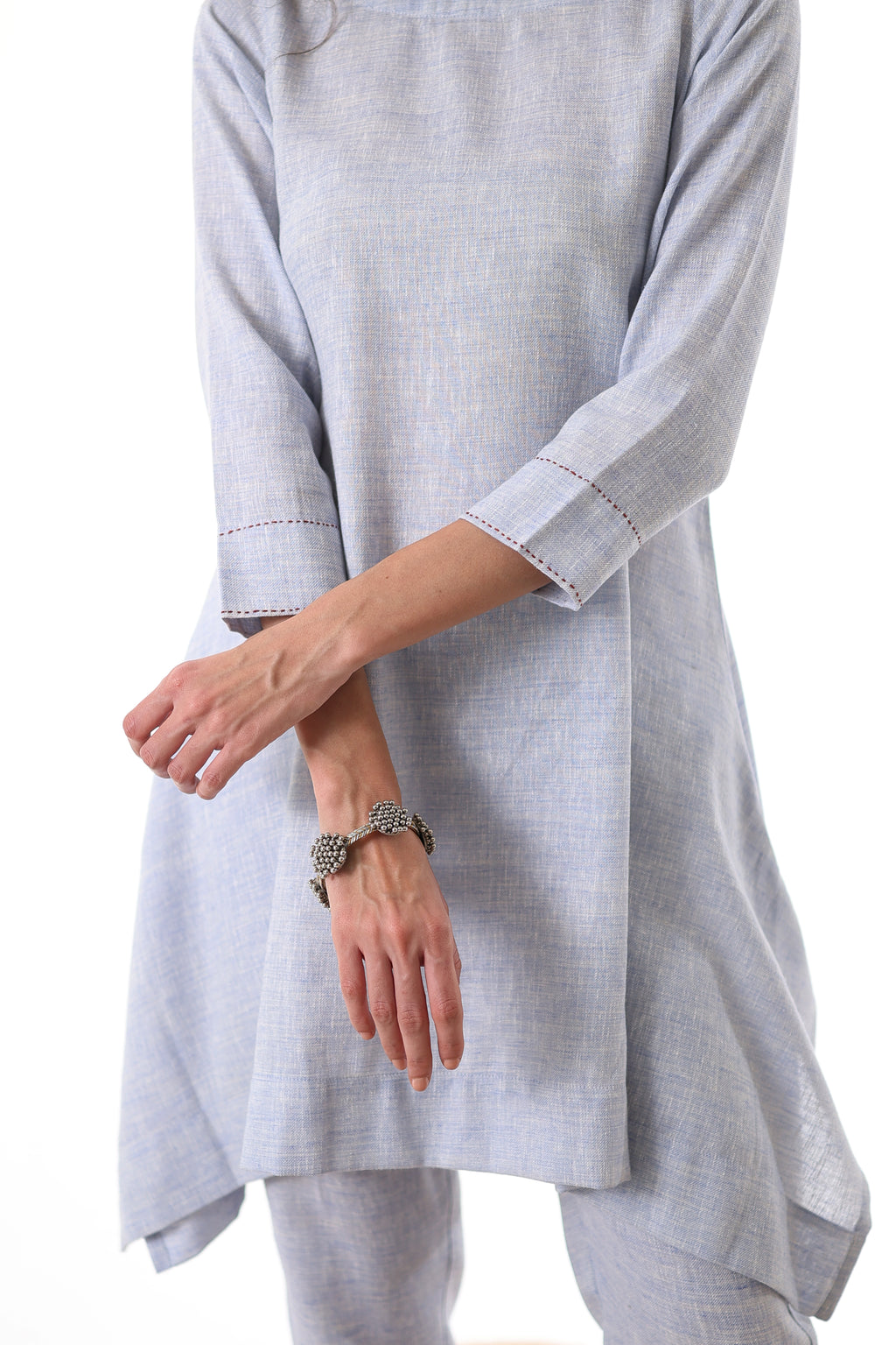 Aks Flowy Co-ord Set with Asymmetrical Hem & Handwork Detailing - Powder Blue or Mint Dust