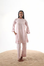 Aks Zero Neck Co-ord Set with Handwork & Fringed Detailing - Blush Petal