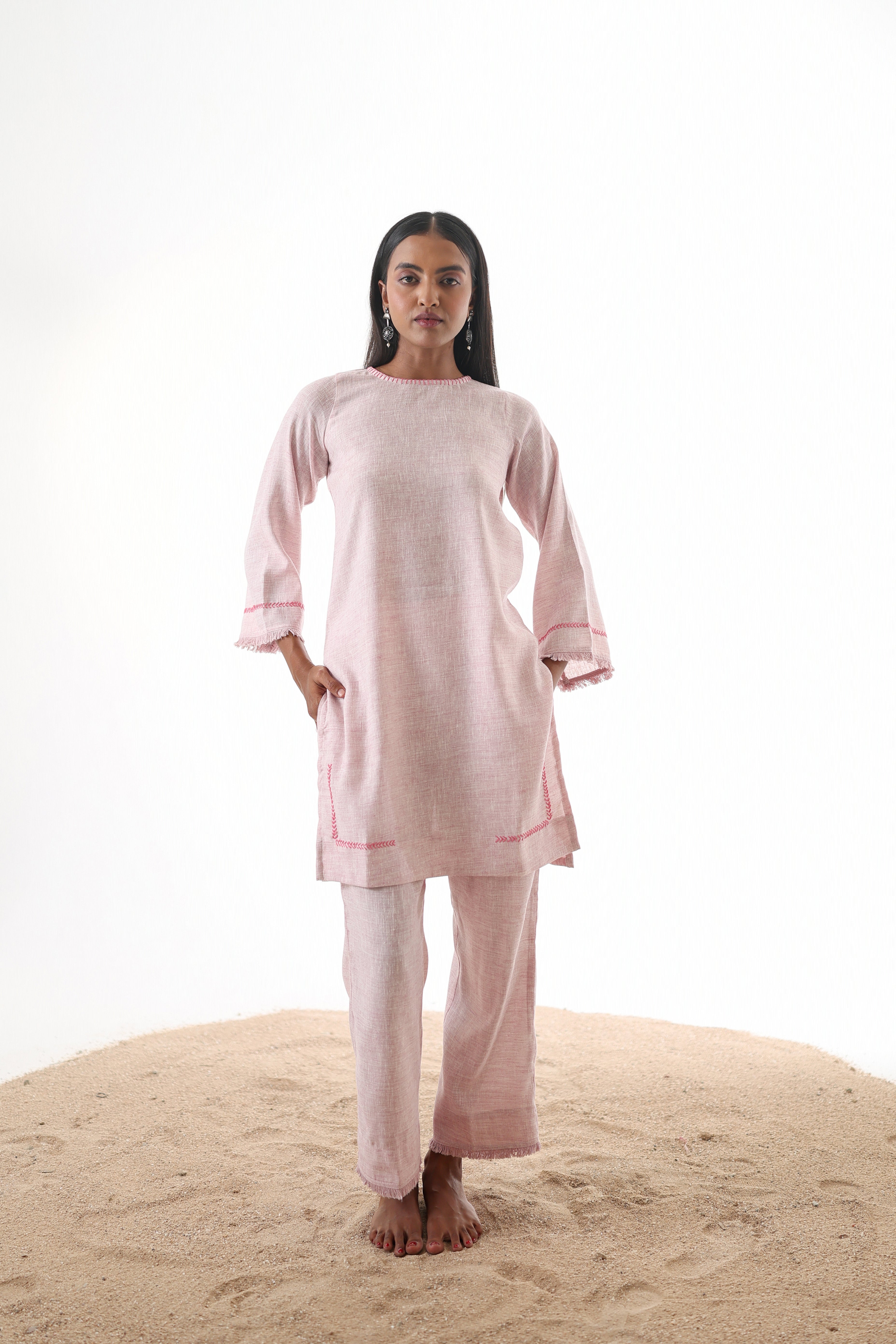 Aks Zero Neck Co-ord Set with Handwork & Fringed Detailing - Blush Petal
