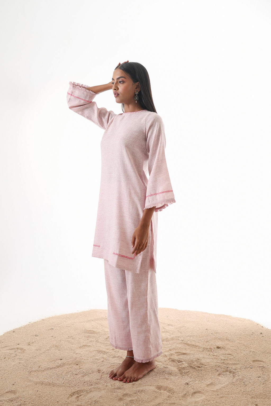 Aks Zero Neck Co-ord Set with Handwork & Fringed Detailing - Blush Petal
