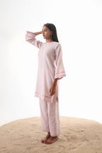 Aks Zero Neck Co-ord Set with Handwork & Fringed Detailing - Blush Petal