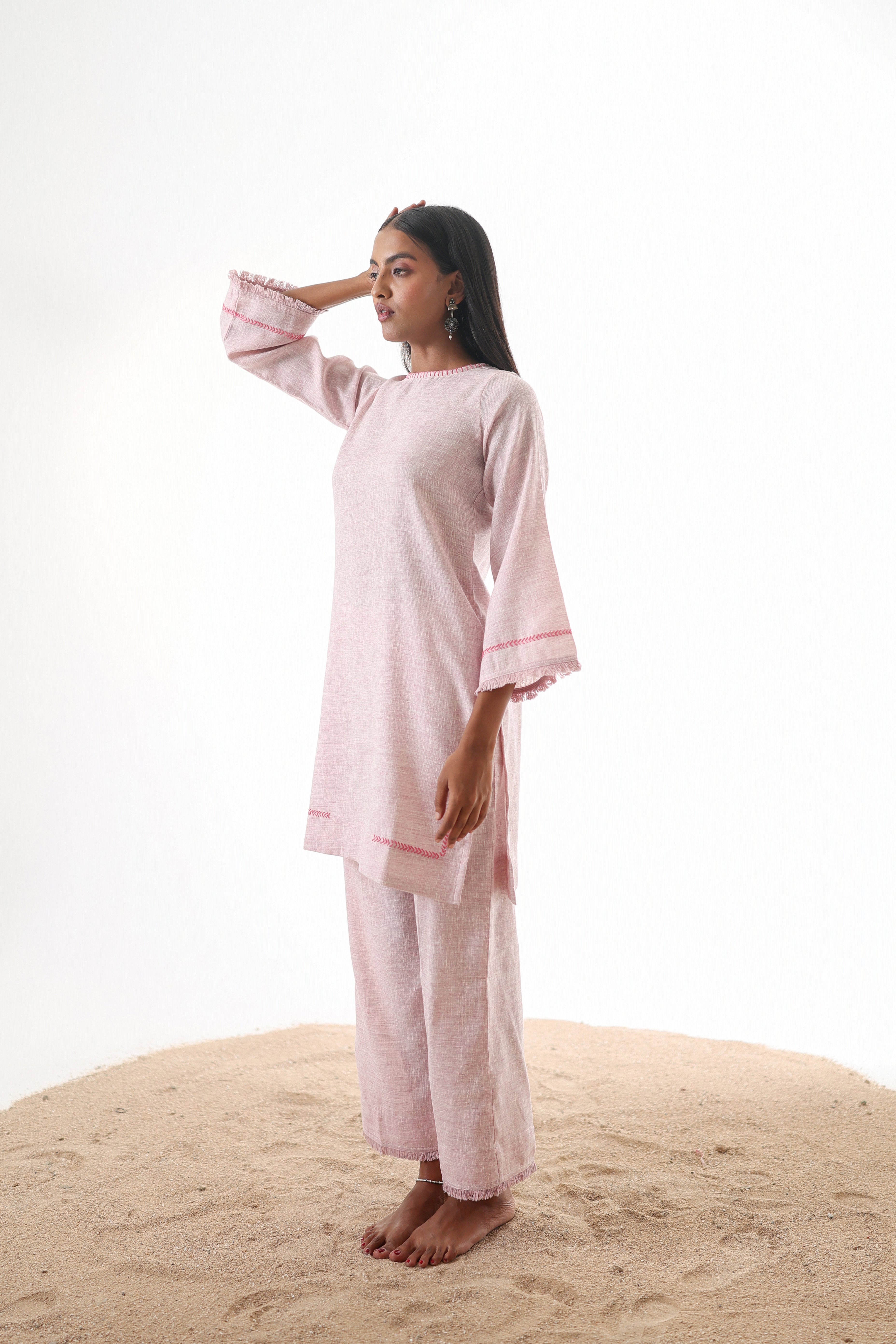 Aks Zero Neck Co-ord Set with Handwork & Fringed Detailing - Blush Petal