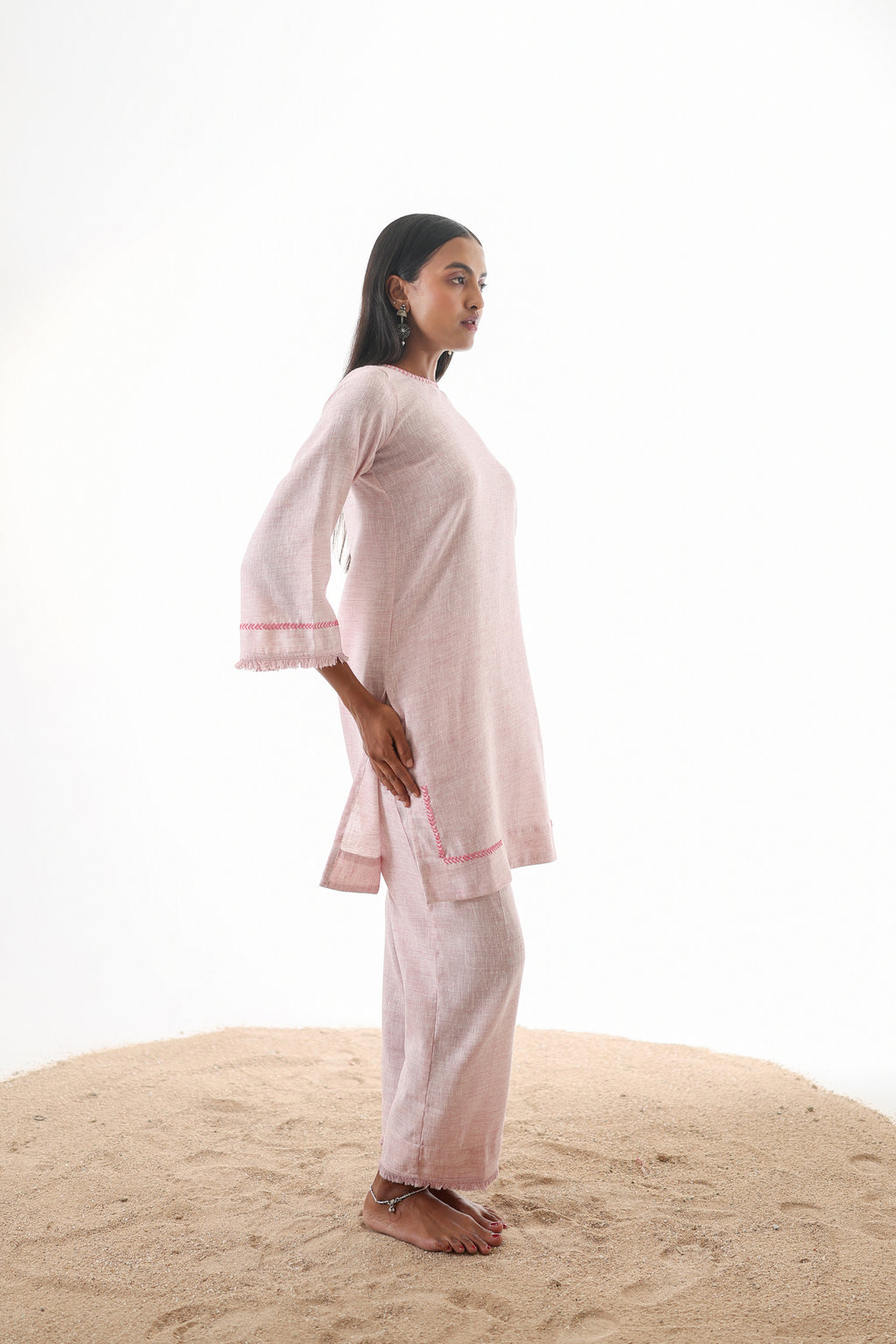 Aks Zero Neck Co-ord Set with Handwork & Fringed Detailing - Blush Petal