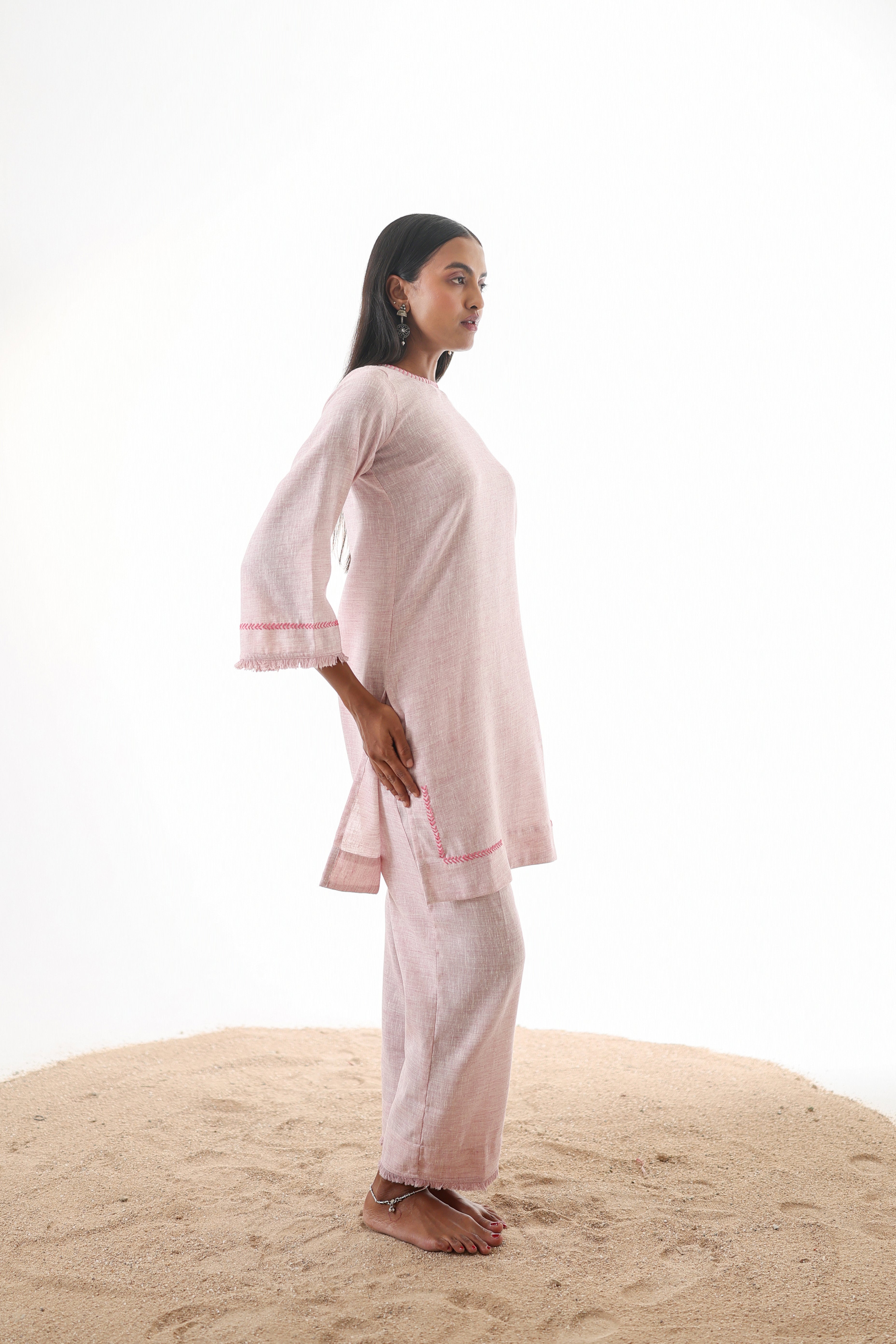 Aks Zero Neck Co-ord Set with Handwork & Fringed Detailing - Blush Petal