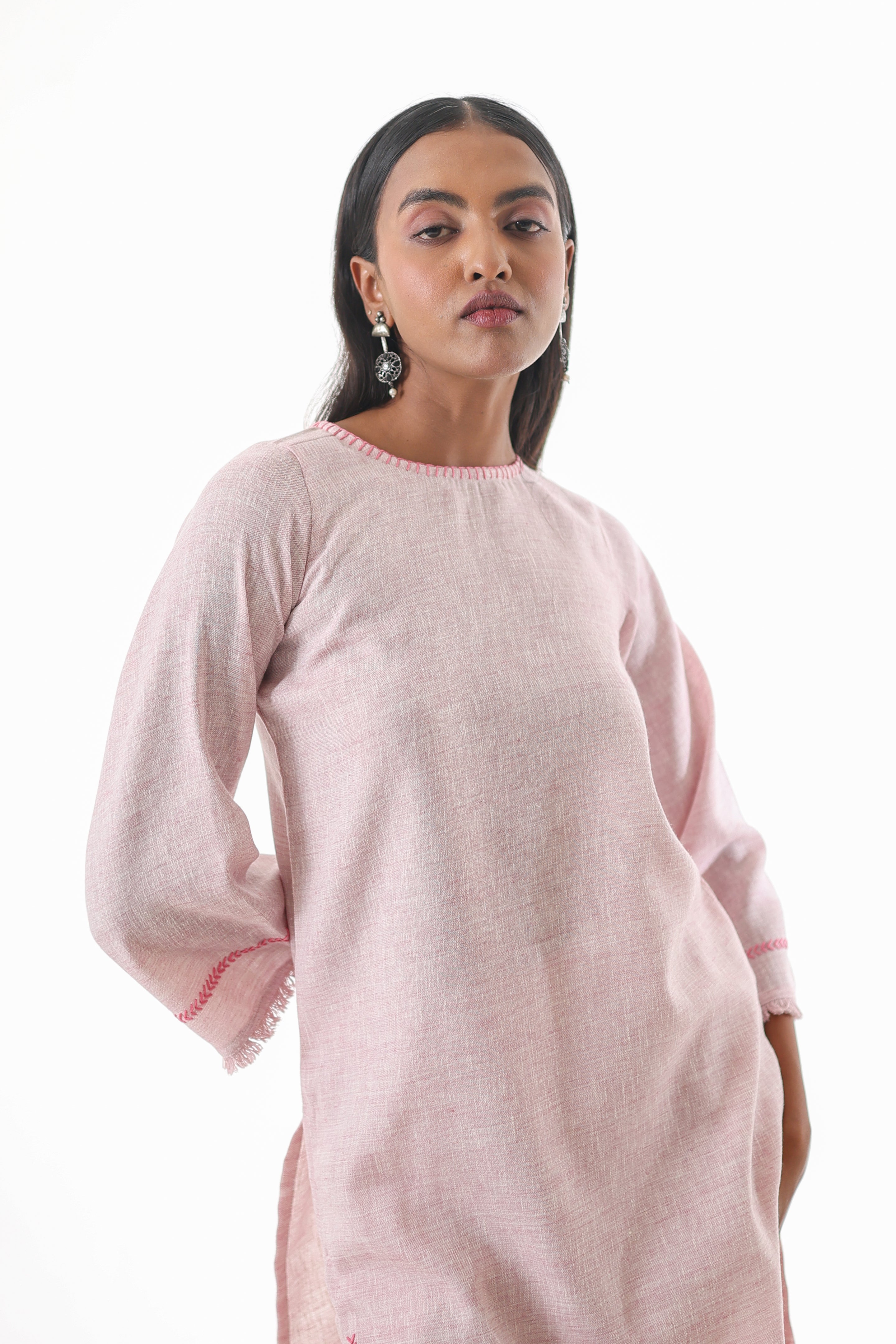 Aks Zero Neck Co-ord Set with Handwork & Fringed Detailing - Blush Petal