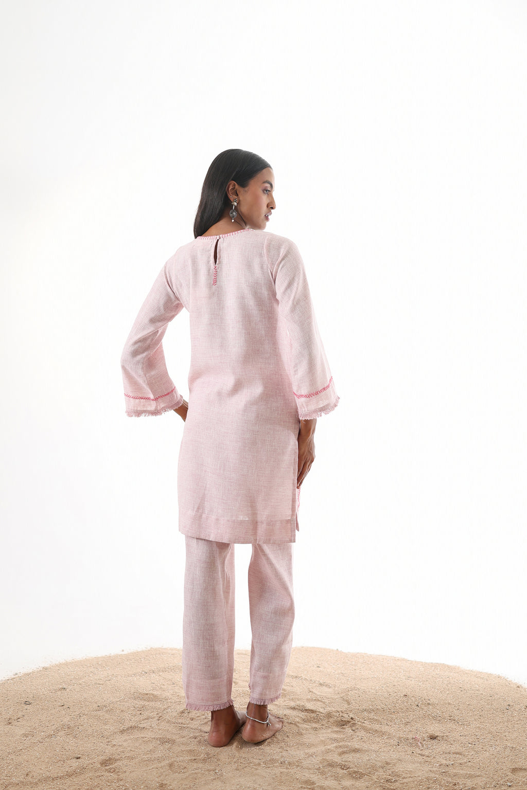 Aks Zero Neck Co-ord Set with Handwork & Fringed Detailing - Blush Petal