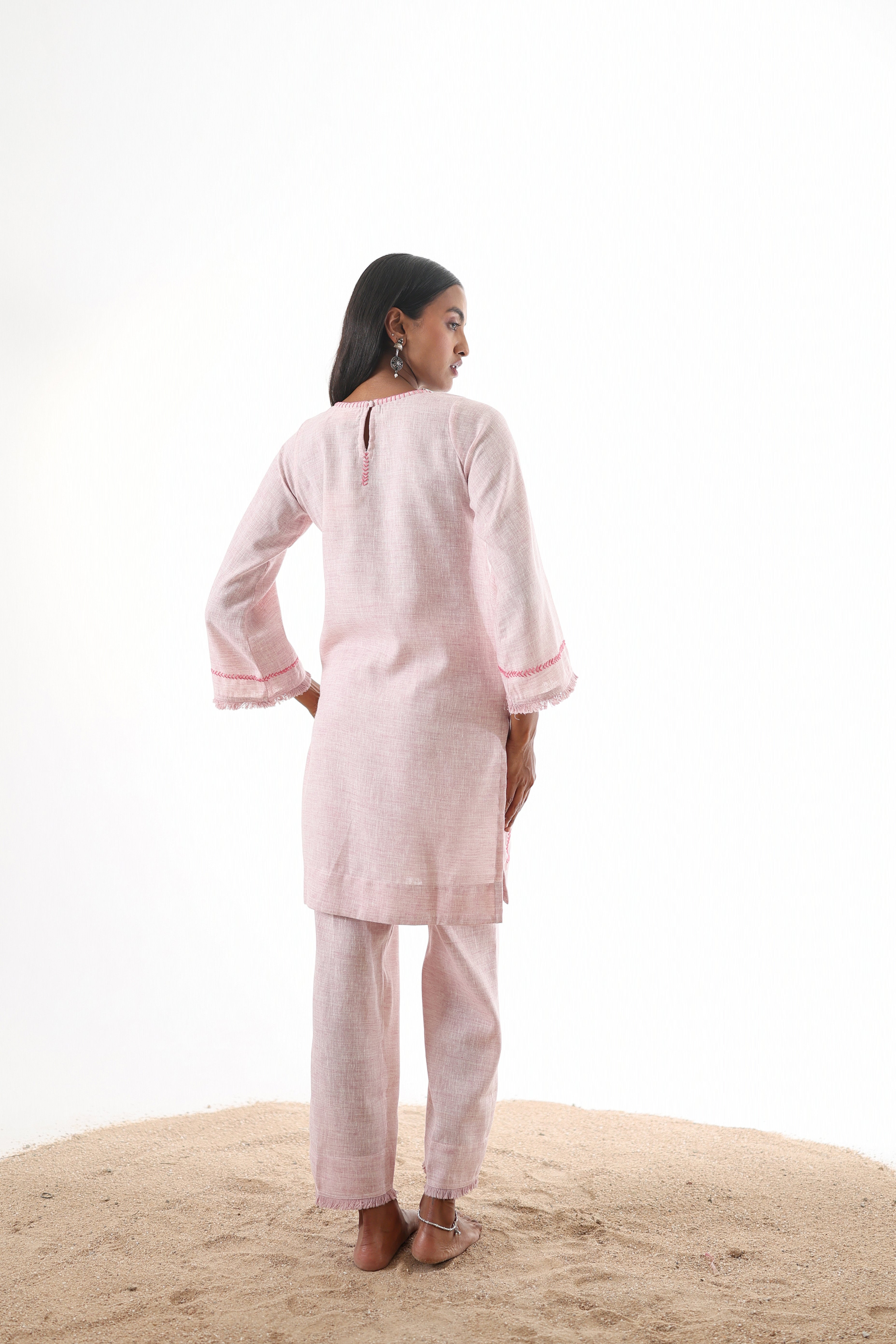 Aks Zero Neck Co-ord Set with Handwork & Fringed Detailing - Blush Petal