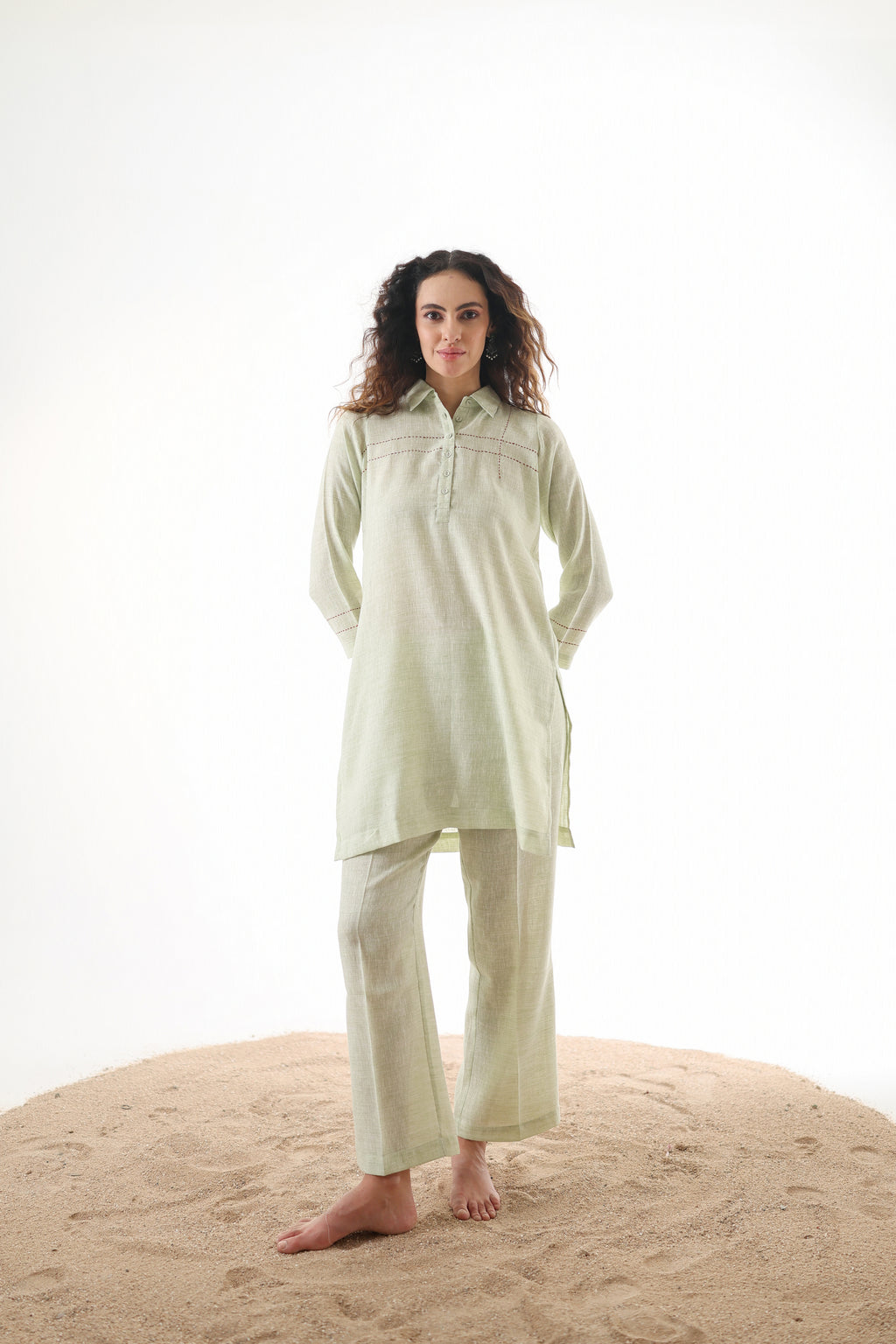 Aks Collar Neck Co-ord Set with Handwork Detailing & Flared Pants - Pistachio Soft