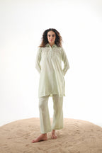 Aks Collar Neck Co-ord Set with Handwork Detailing & Flared Pants - Pistachio Soft