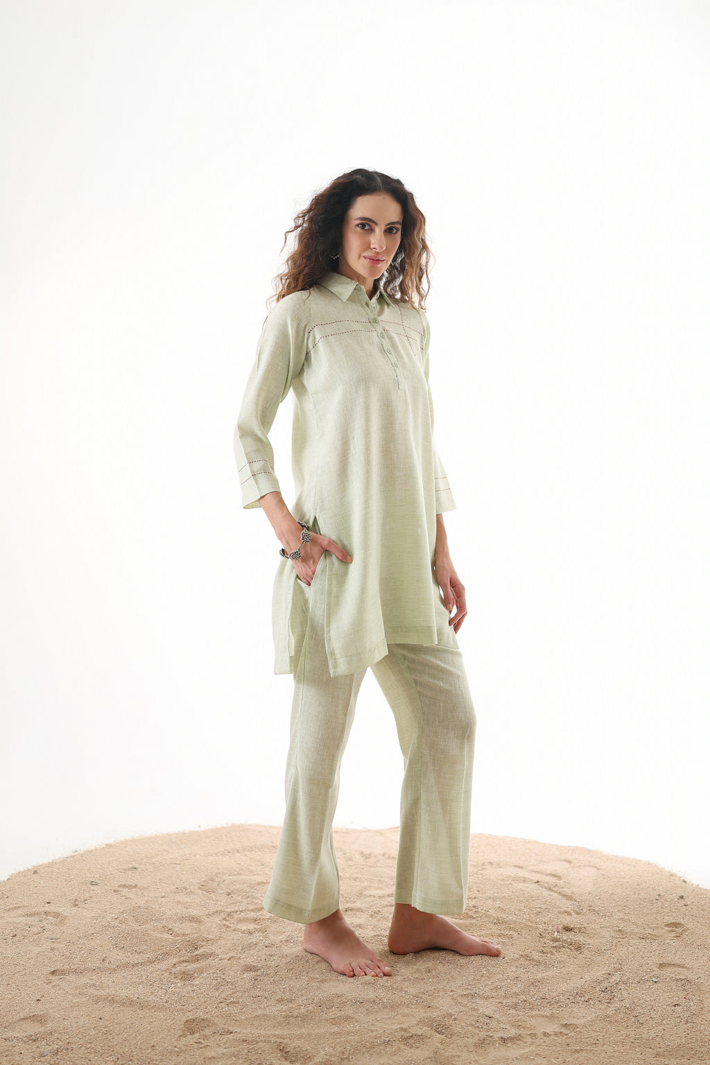 Aks Collar Neck Co-ord Set with Handwork Detailing & Flared Pants - Pistachio Soft