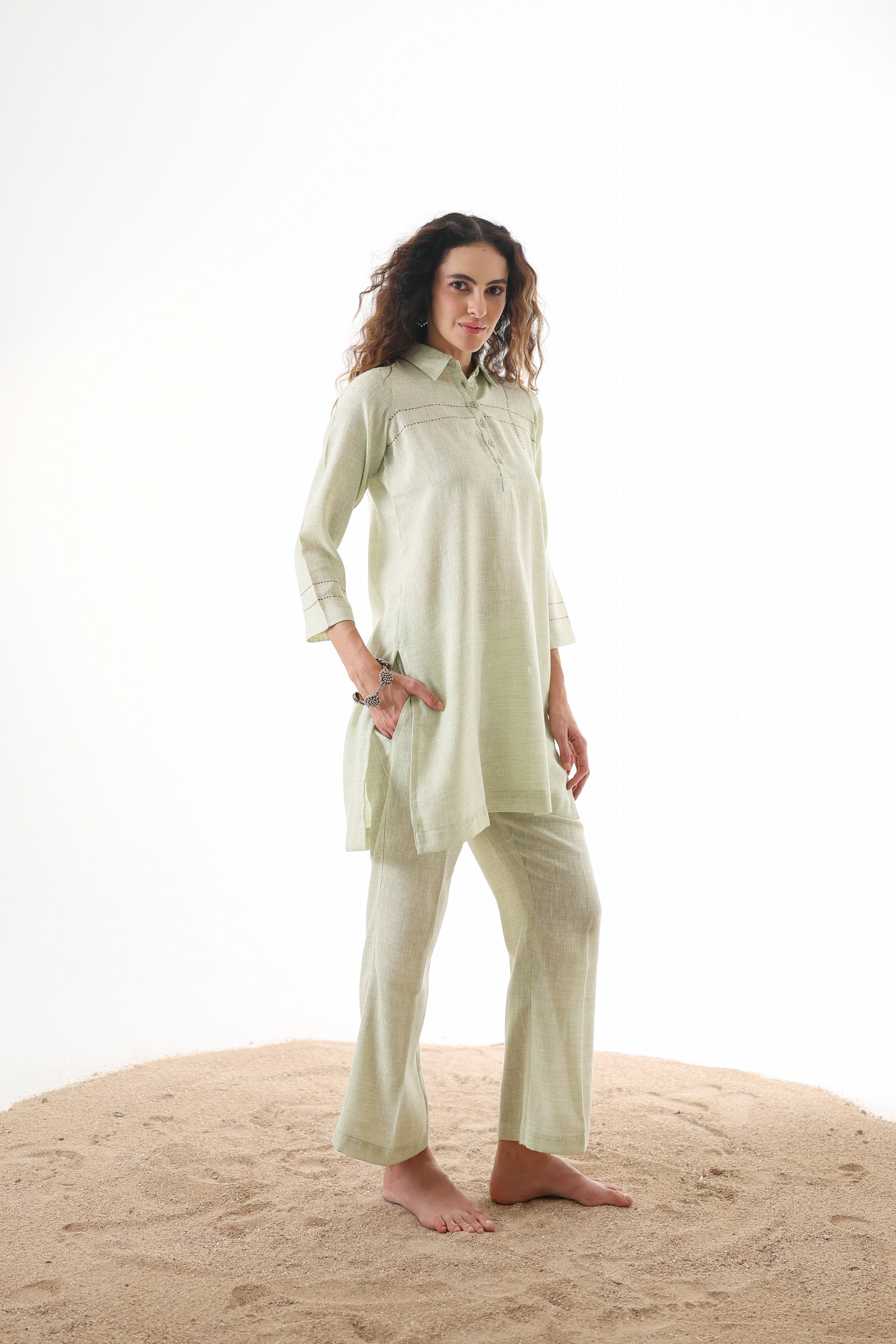 Aks Collar Neck Co-ord Set with Handwork Detailing & Flared Pants - Pistachio Soft