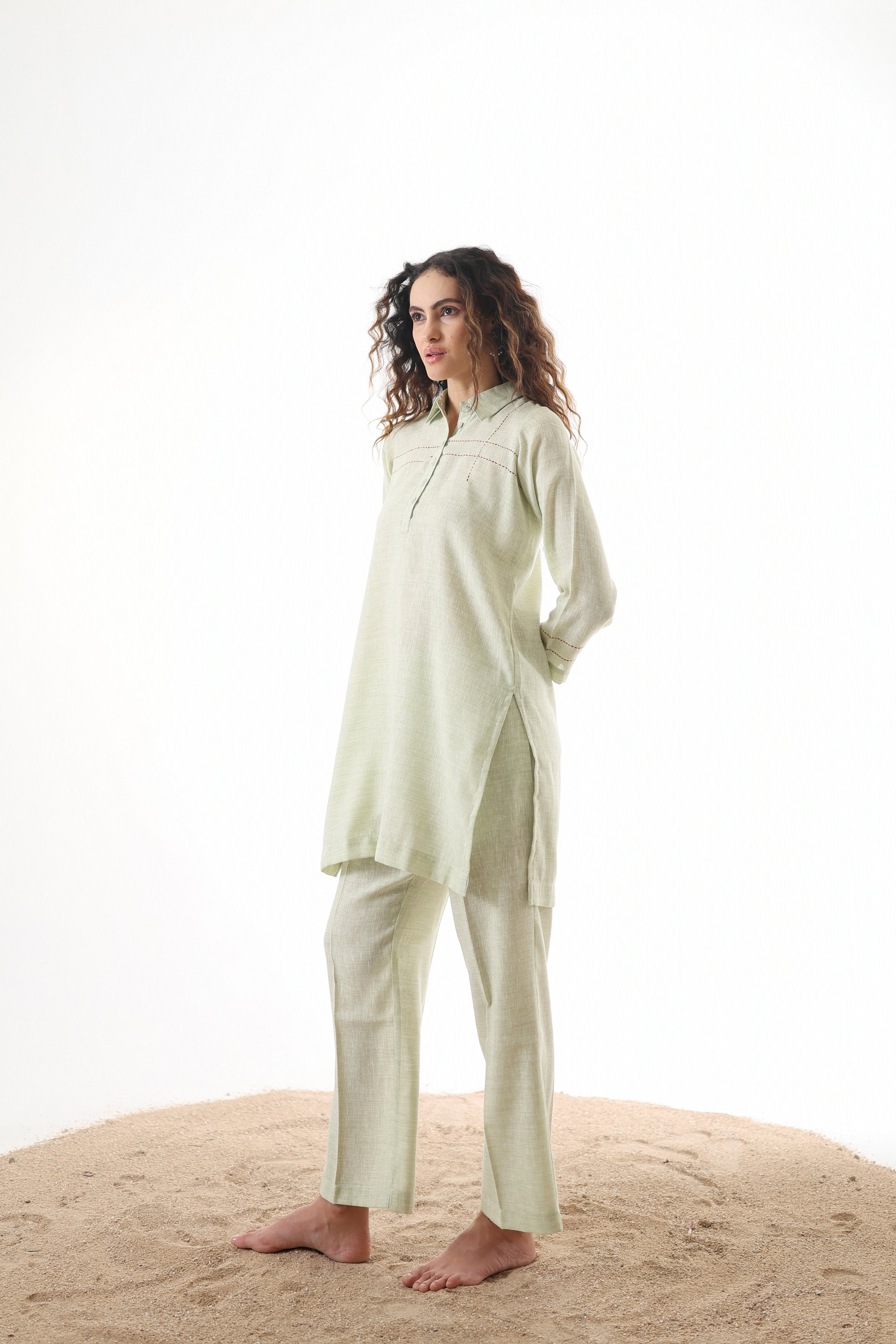Aks Collar Neck Co-ord Set with Handwork Detailing & Flared Pants - Pistachio Soft