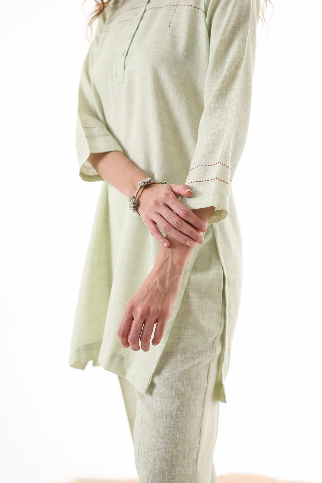 Aks Collar Neck Co-ord Set with Handwork Detailing & Flared Pants - Pistachio Soft