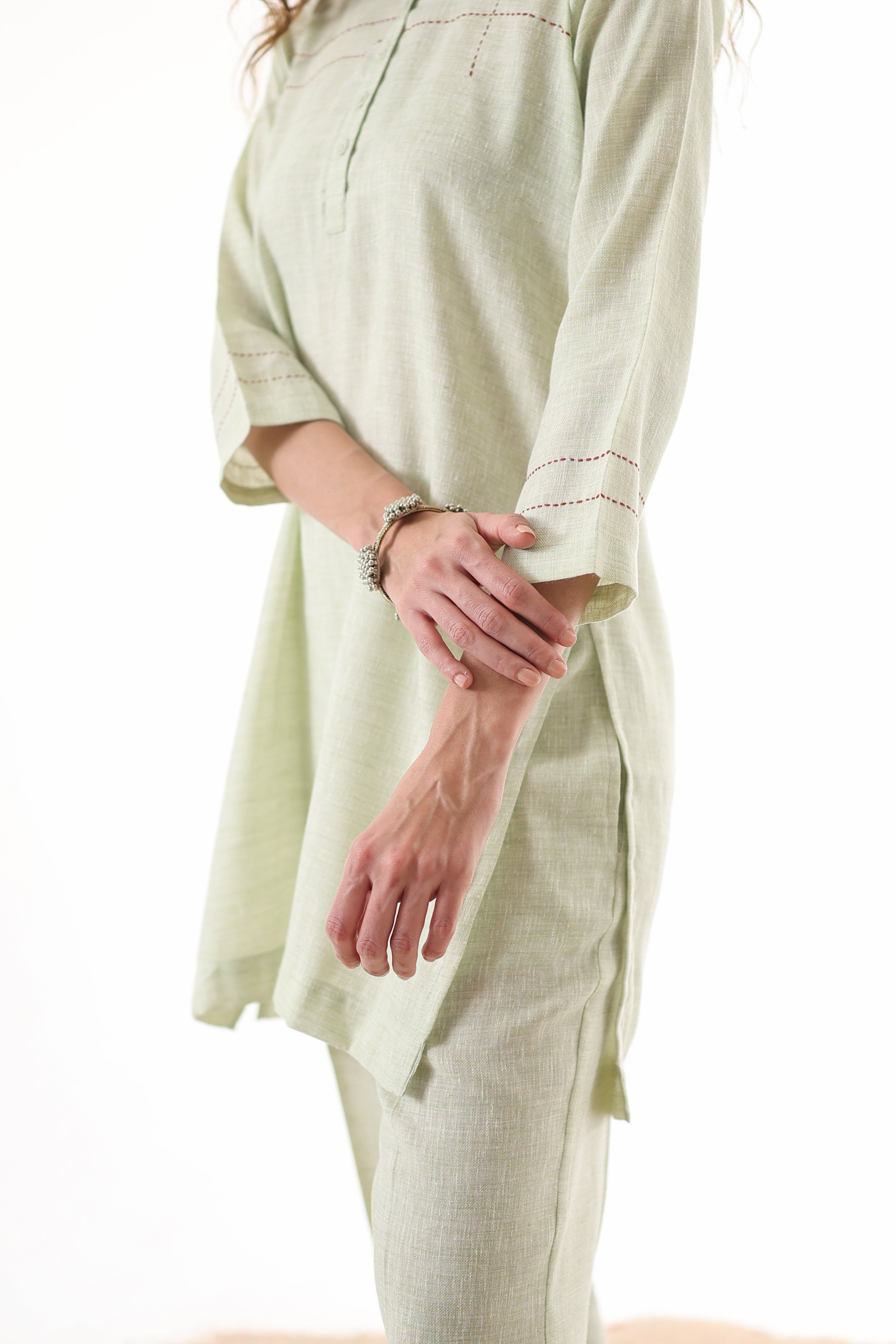 Aks Collar Neck Co-ord Set with Handwork Detailing & Flared Pants - Pistachio Soft
