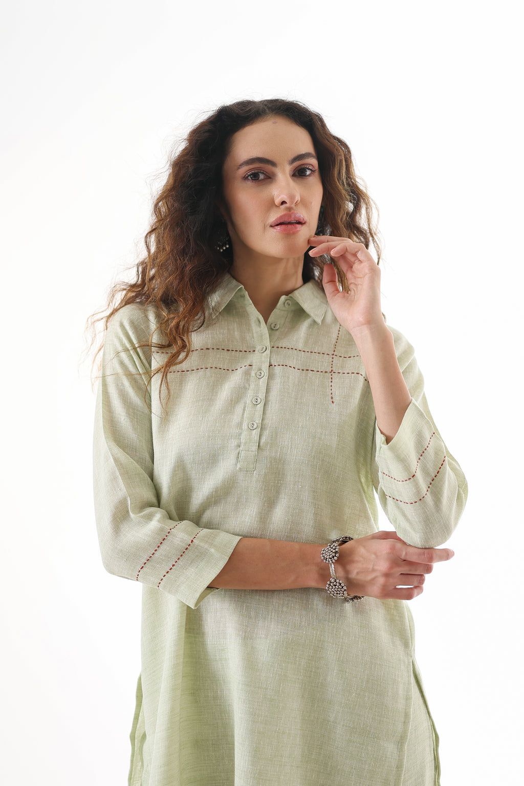 Aks Collar Neck Co-ord Set with Handwork Detailing & Flared Pants - Pistachio Soft