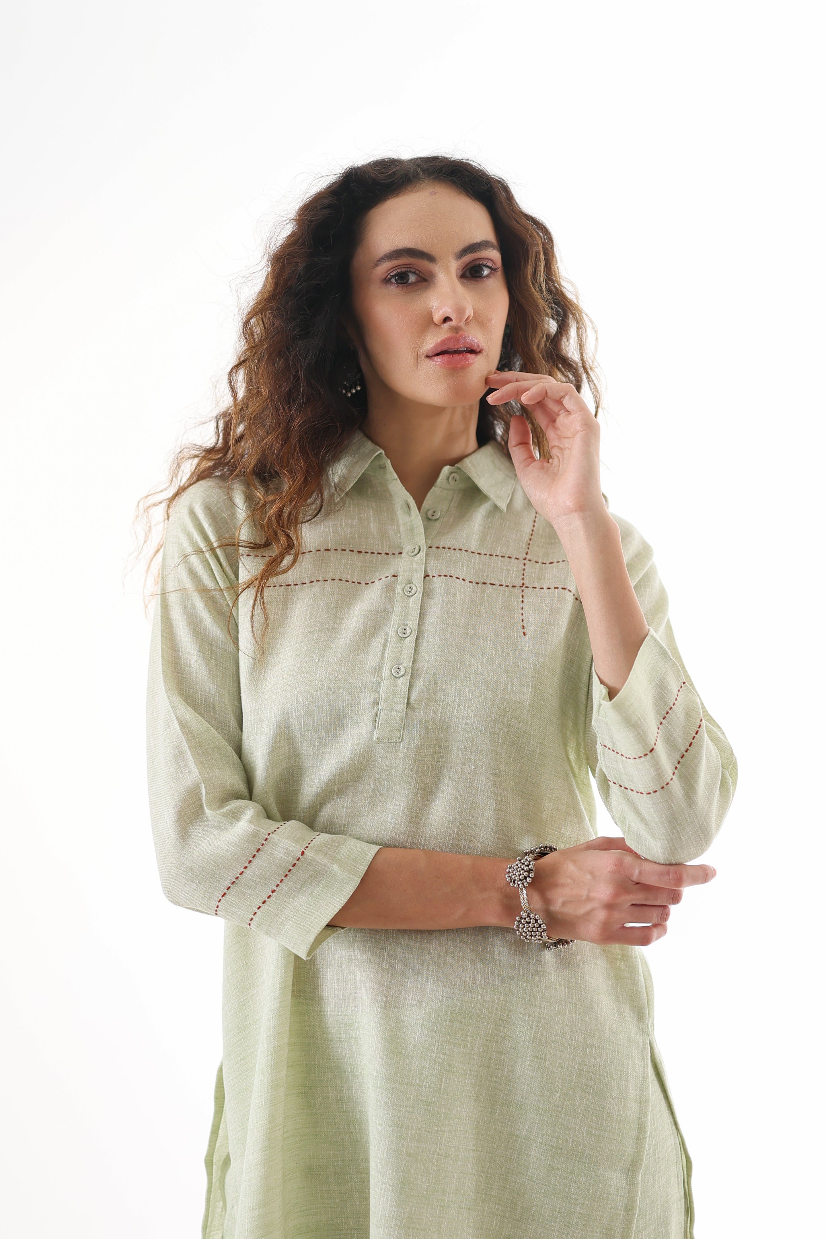 Aks Collar Neck Co-ord Set with Handwork Detailing & Flared Pants - Pistachio Soft