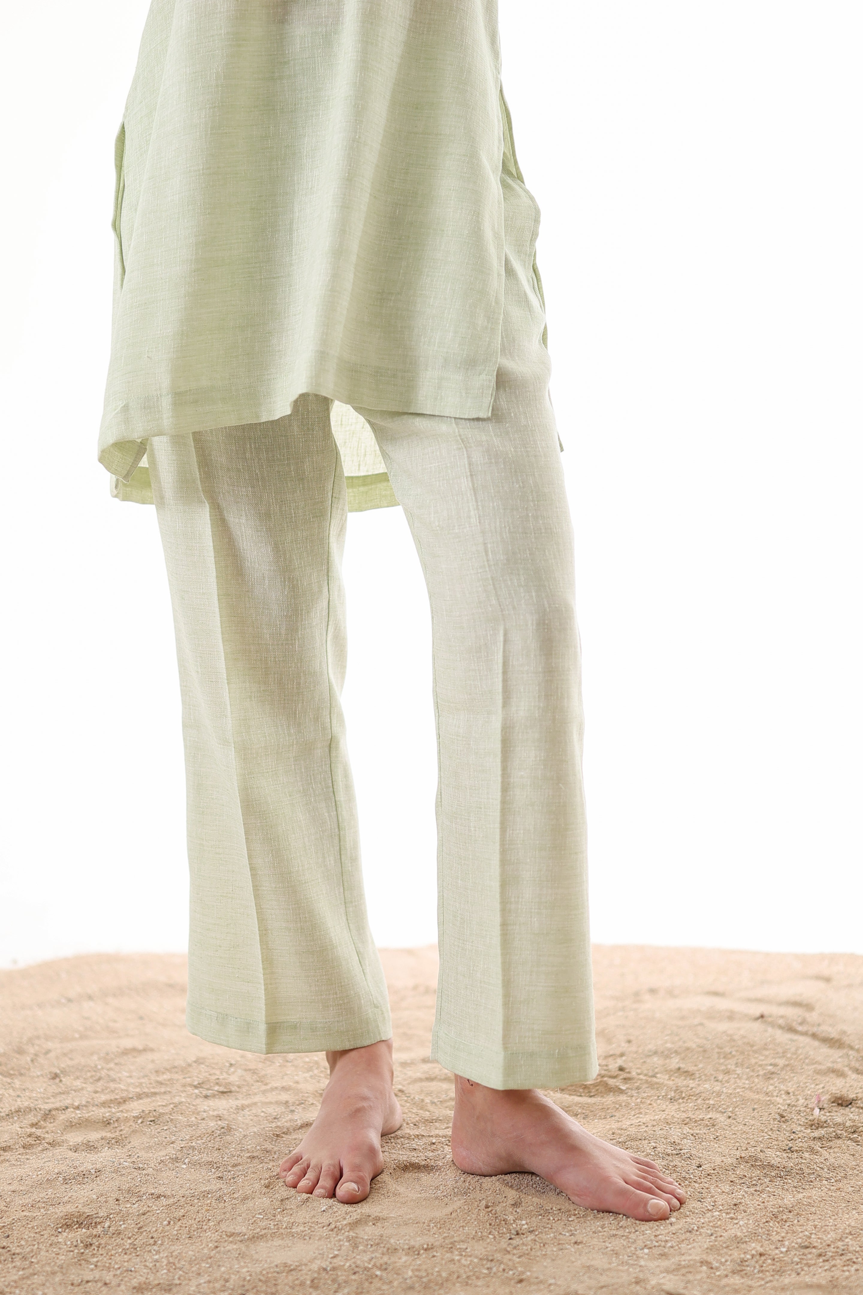 Aks Collar Neck Co-ord Set with Handwork Detailing & Flared Pants - Pistachio Soft