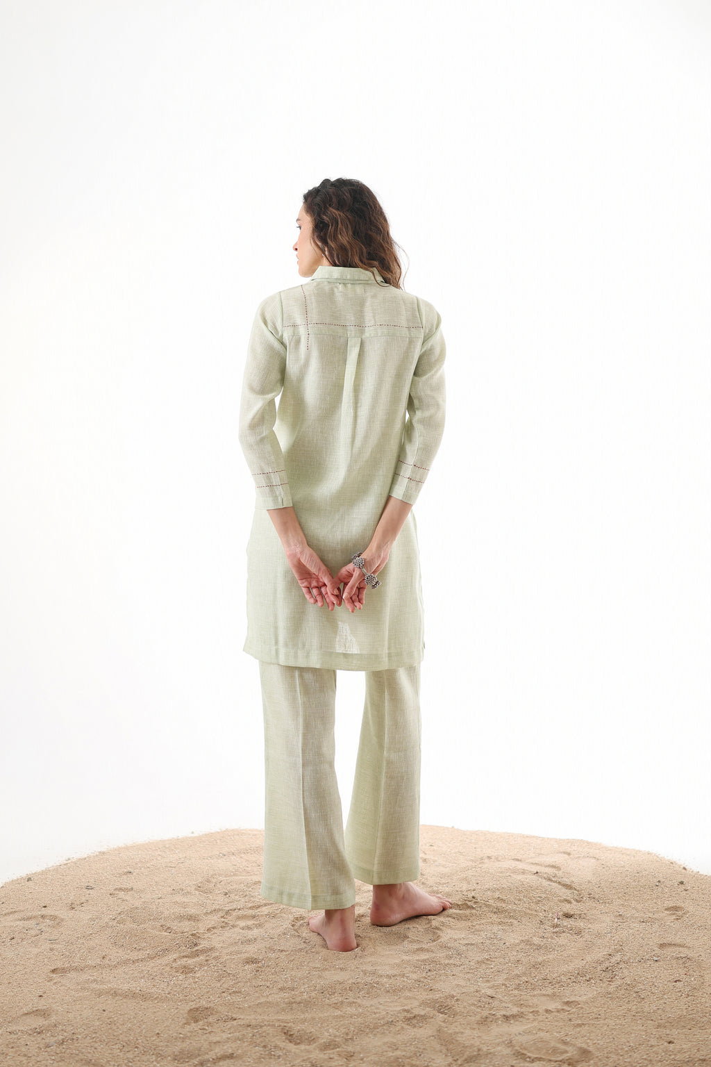 Aks Collar Neck Co-ord Set with Handwork Detailing & Flared Pants - Pistachio Soft