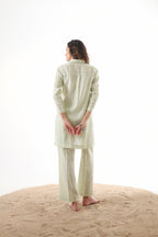 Aks Collar Neck Co-ord Set with Handwork Detailing & Flared Pants - Pistachio Soft
