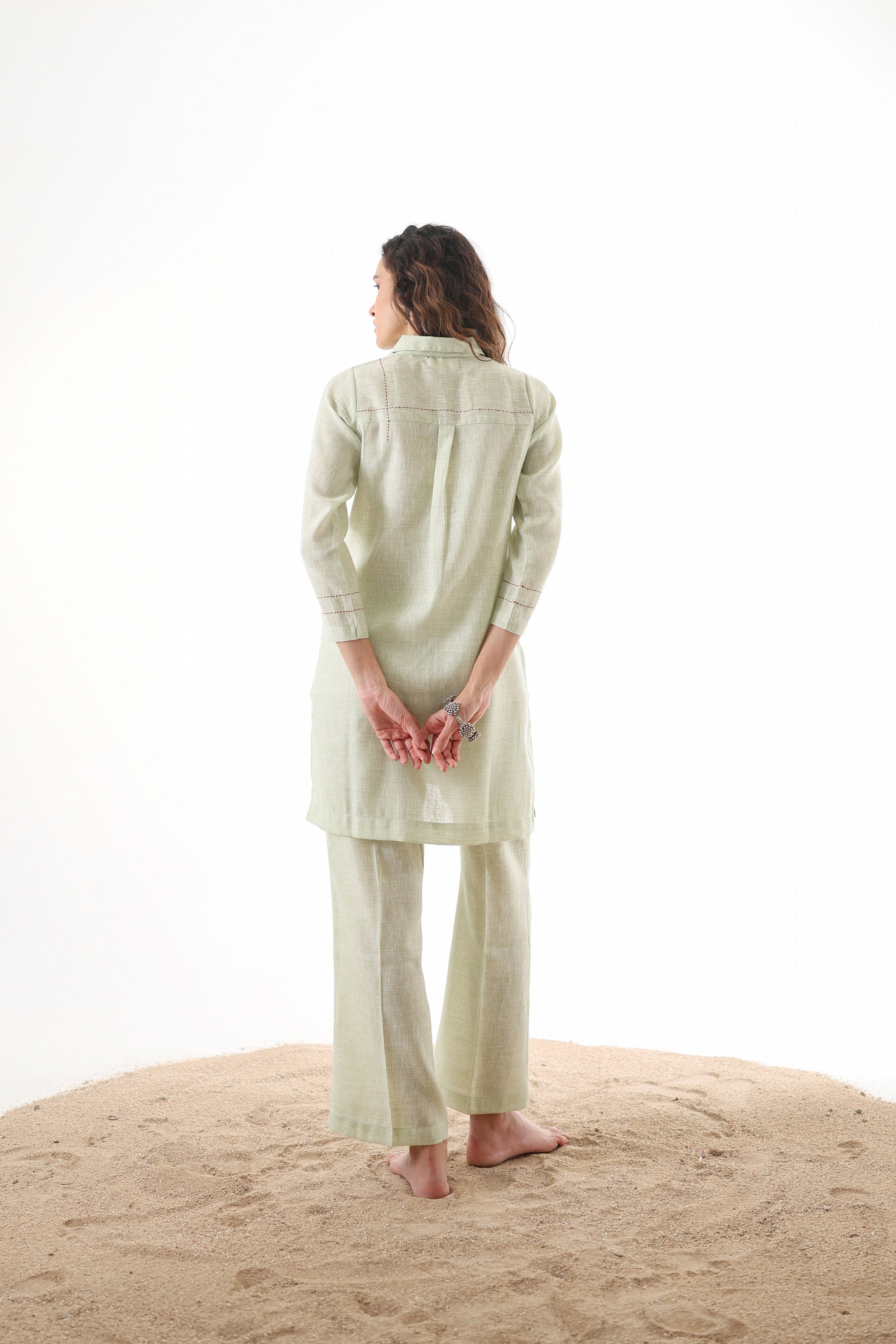 Aks Collar Neck Co-ord Set with Handwork Detailing & Flared Pants - Pistachio Soft