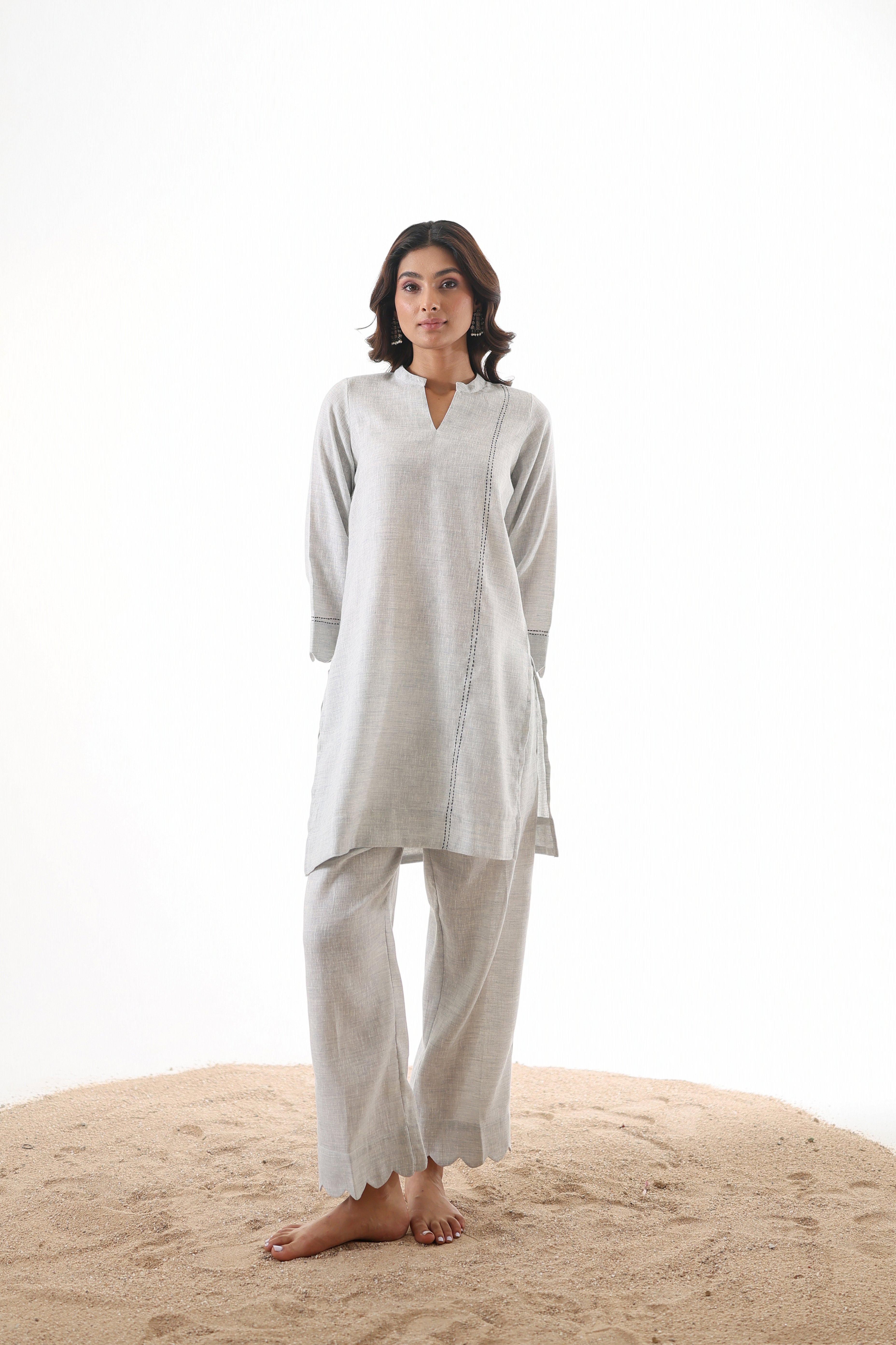 Aks Scalloped Co-ord Set with Handwork - Silver Sand