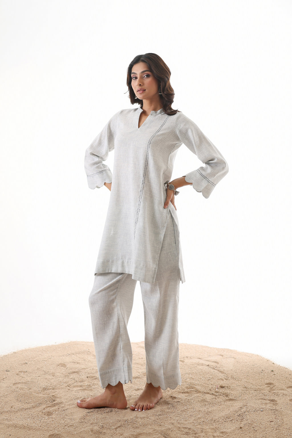 Aks Scalloped Co-ord Set with Handwork - Silver Sand