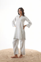 Aks Scalloped Co-ord Set with Handwork - Silver Sand