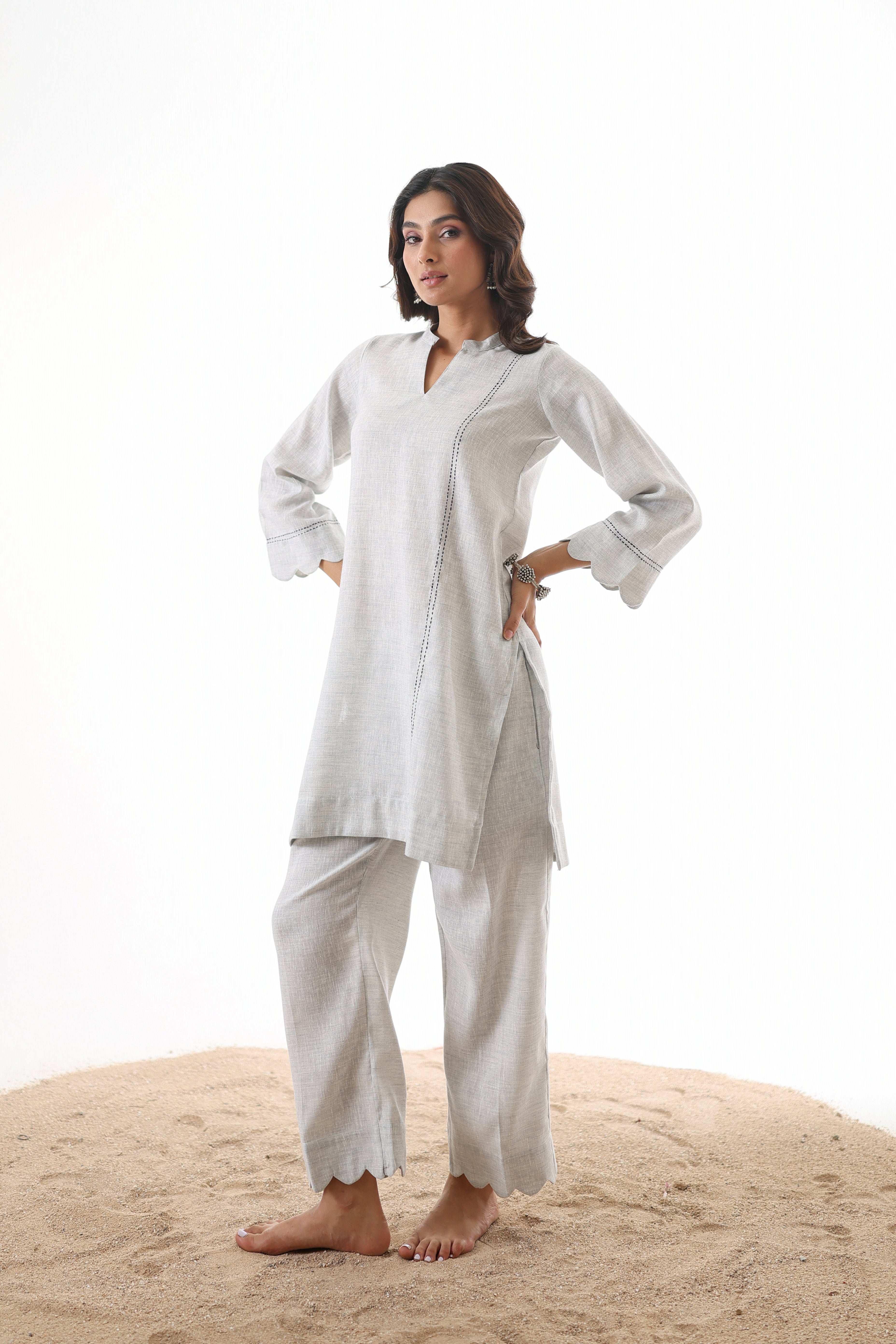 Aks Scalloped Co-ord Set with Handwork - Silver Sand