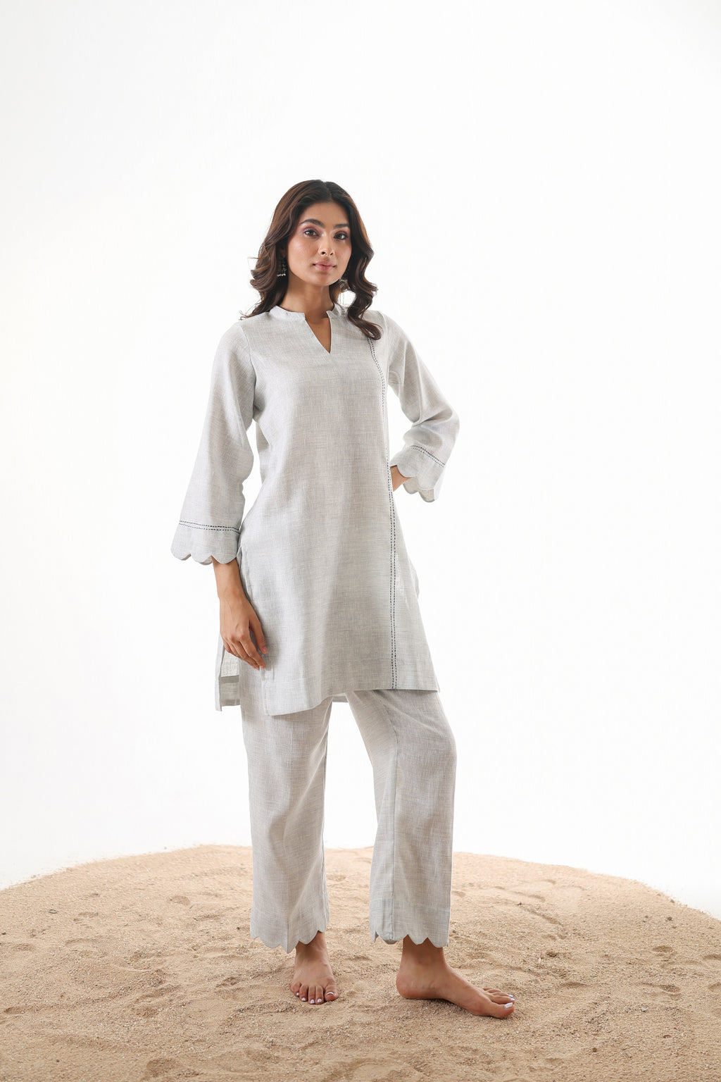 Aks Scalloped Co-ord Set with Handwork - Silver Sand