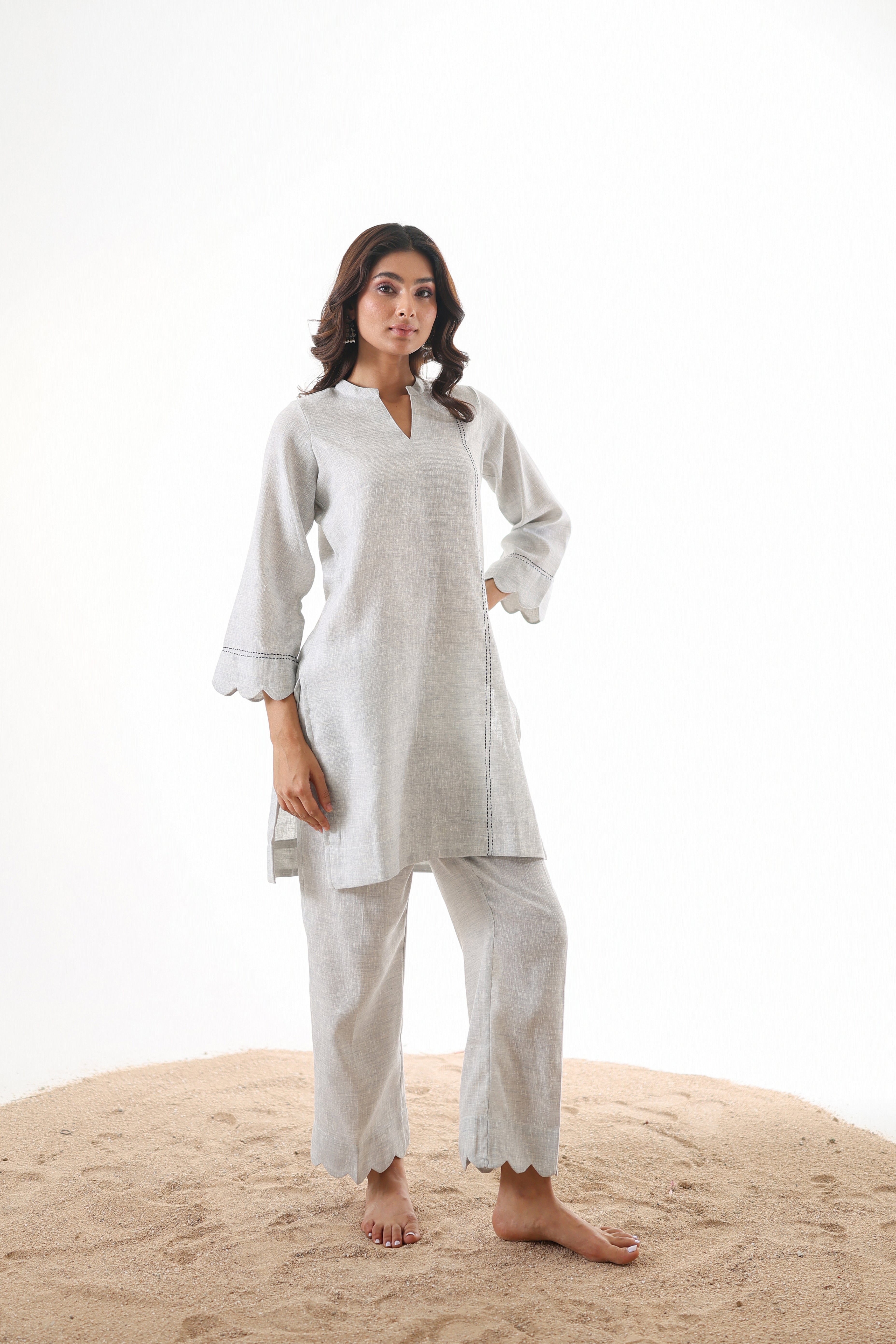 Aks Scalloped Co-ord Set with Handwork - Silver Sand