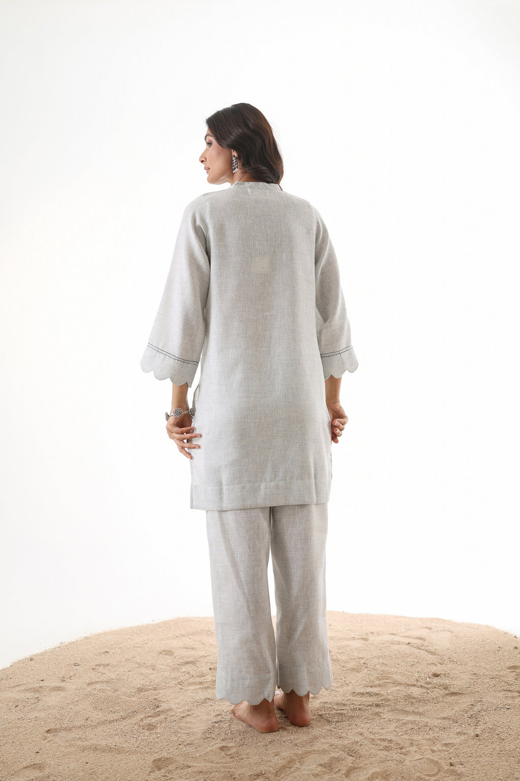 Aks Scalloped Co-ord Set with Handwork - Silver Sand