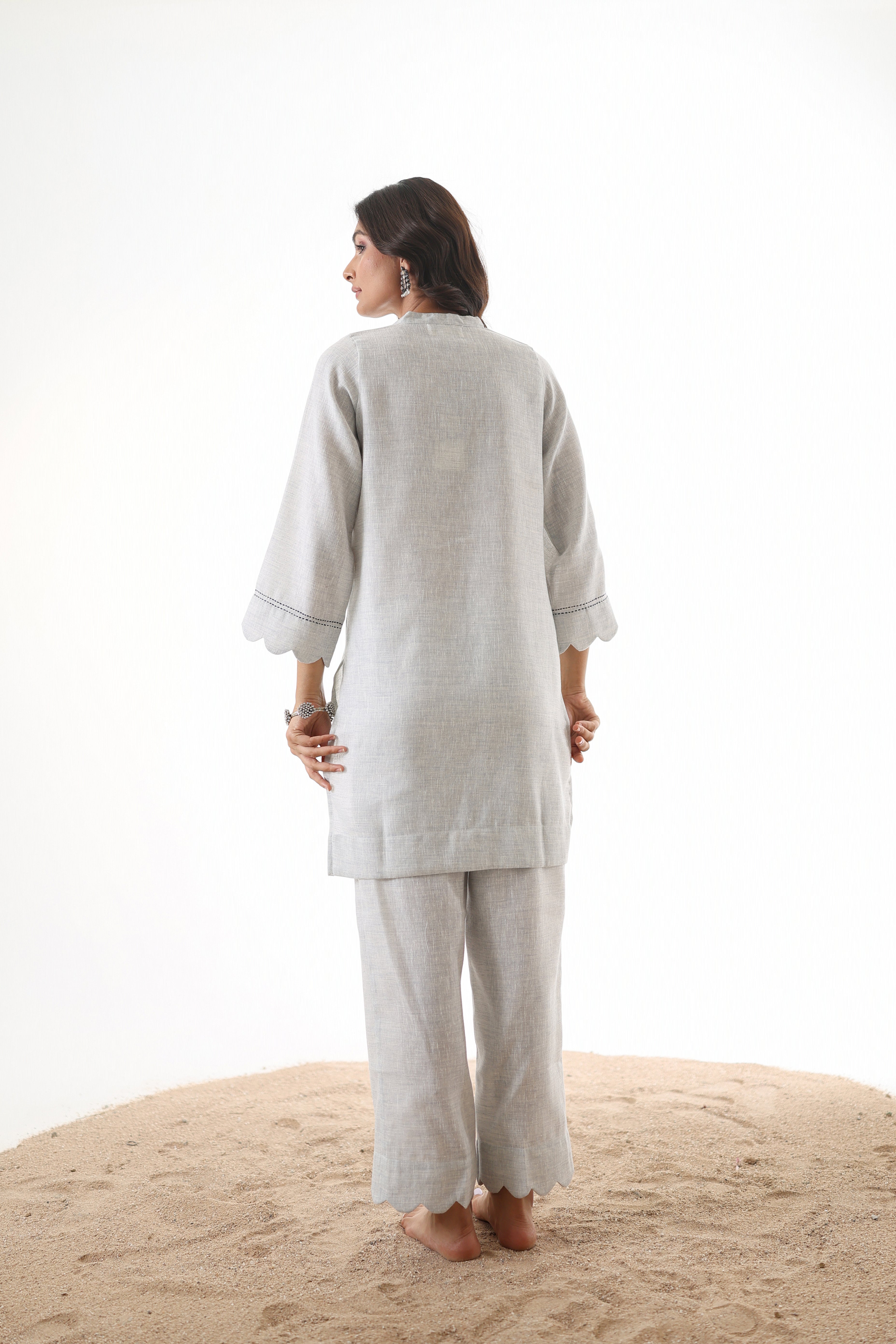 Aks Scalloped Co-ord Set with Handwork - Silver Sand