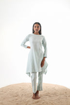 Aks Flowy Co-ord Set with Asymmetrical Hem & Handwork Detailing - Powder Blue or Mint Dust