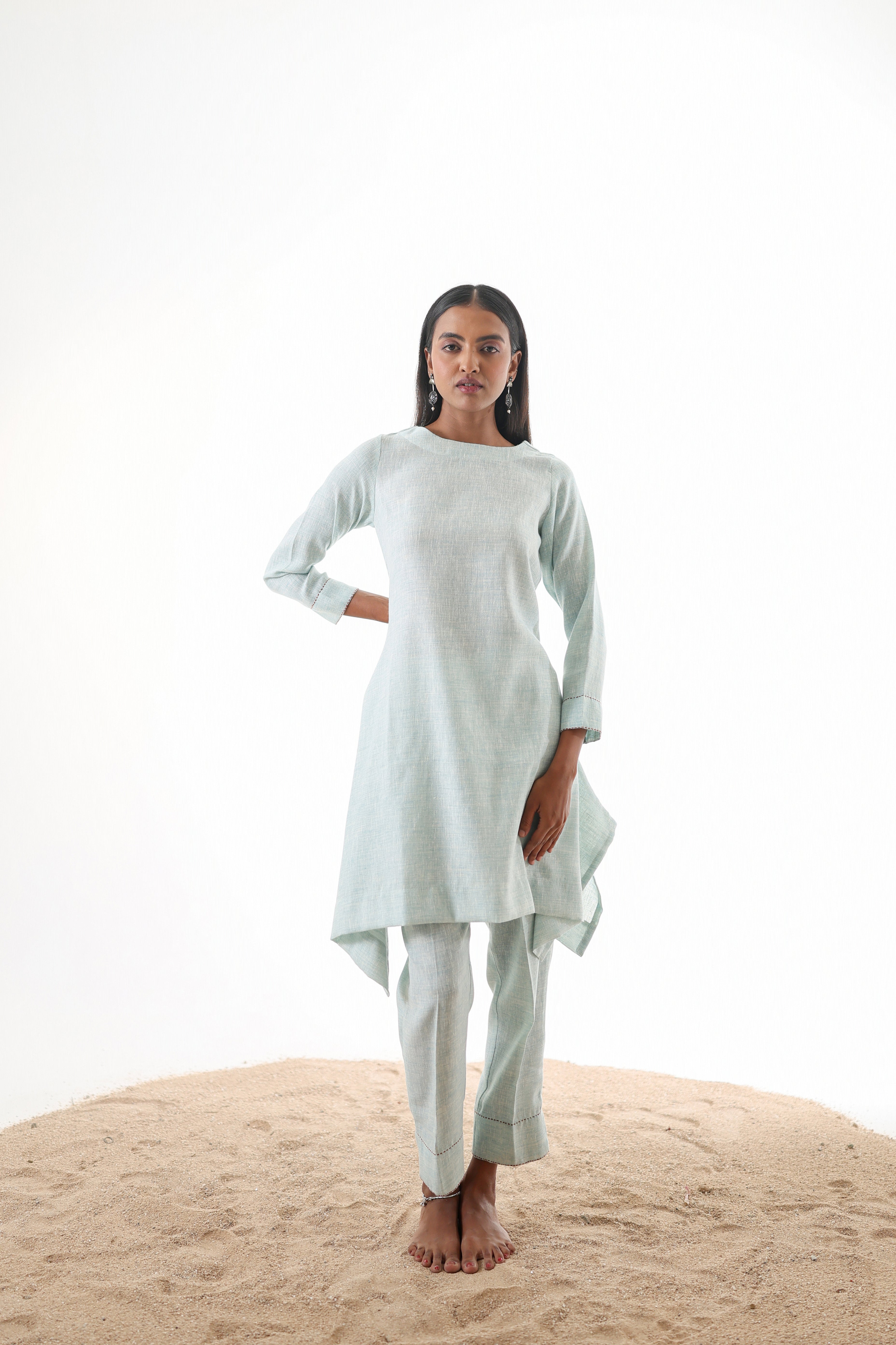 Aks Flowy Co-ord Set with Asymmetrical Hem & Handwork Detailing - Powder Blue or Mint Dust
