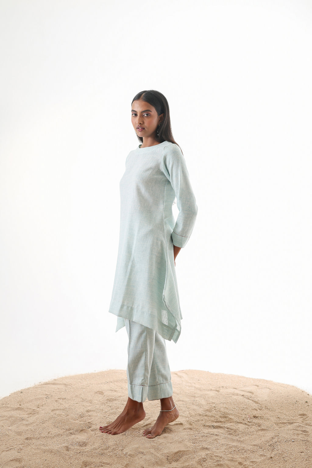 Aks Flowy Co-ord Set with Asymmetrical Hem & Handwork Detailing - Powder Blue or Mint Dust