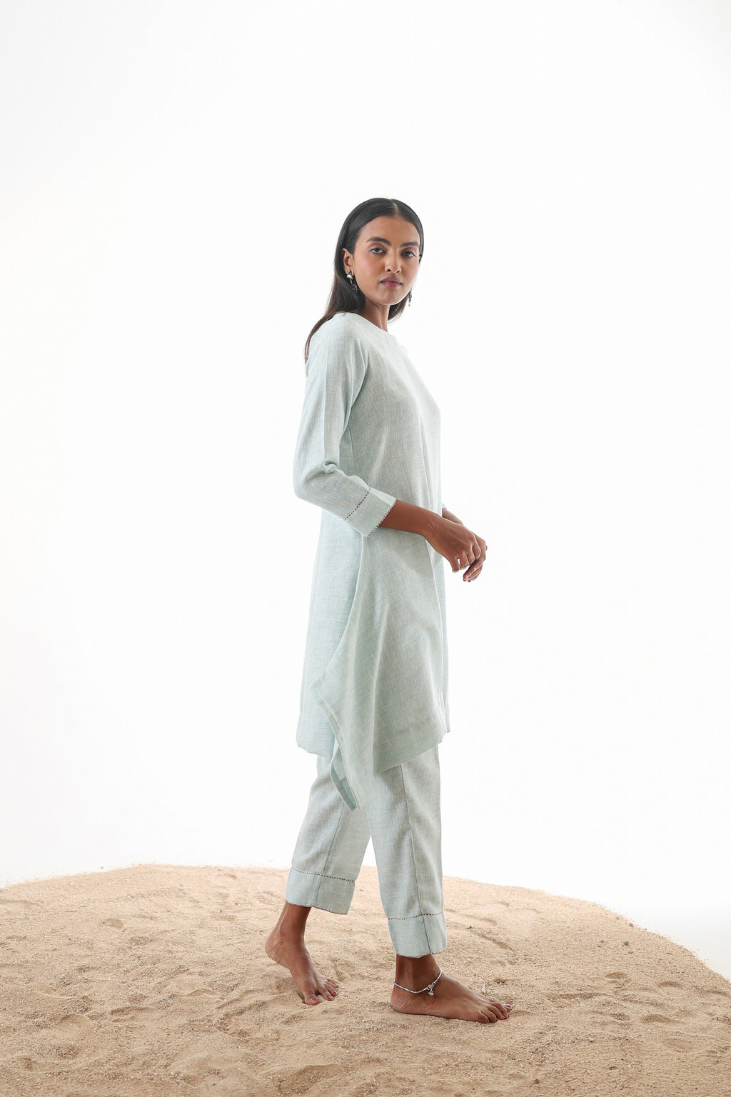 Aks Flowy Co-ord Set with Asymmetrical Hem & Handwork Detailing - Powder Blue or Mint Dust