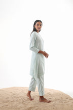 Aks Flowy Co-ord Set with Asymmetrical Hem & Handwork Detailing - Powder Blue or Mint Dust