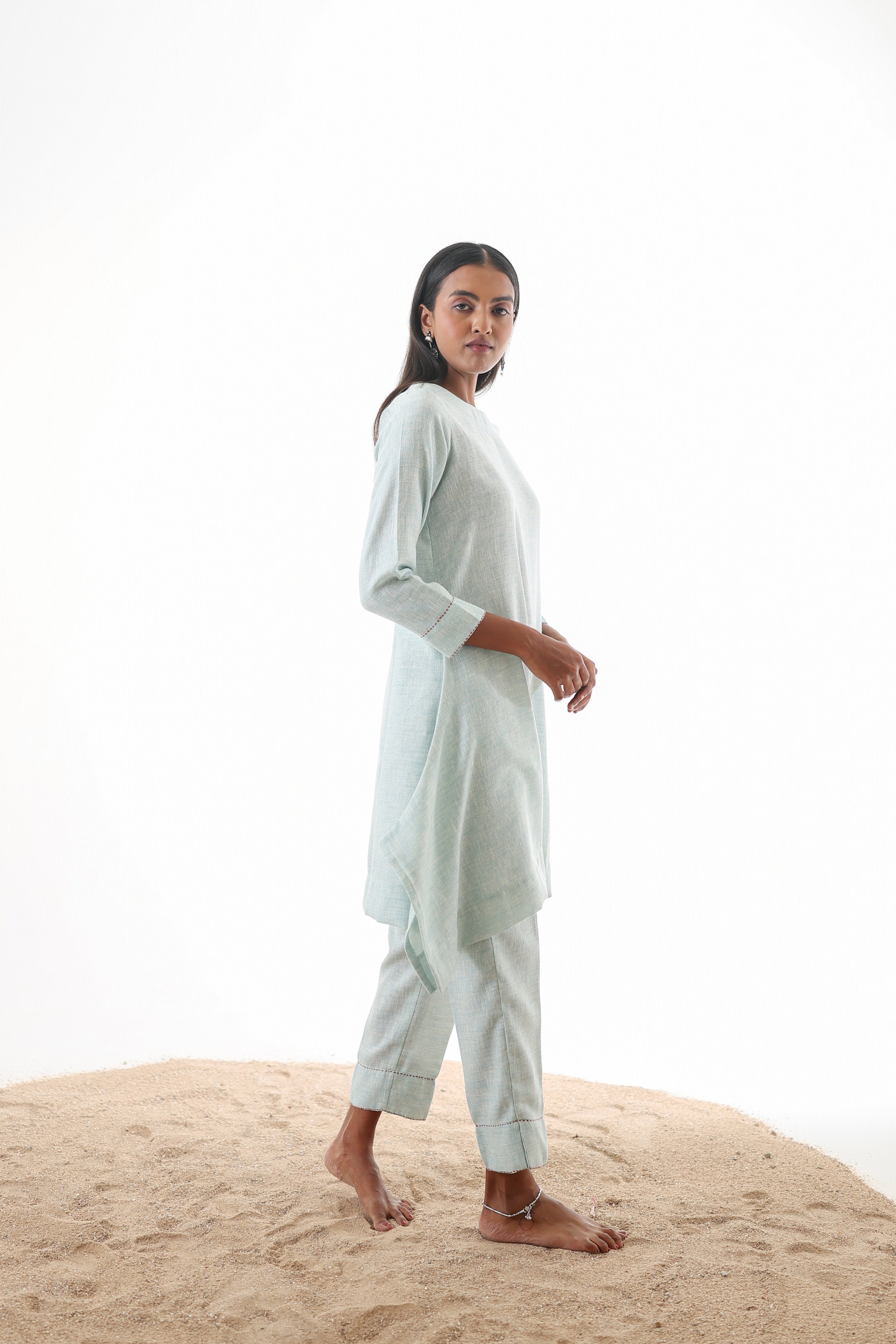 Aks Flowy Co-ord Set with Asymmetrical Hem & Handwork Detailing - Powder Blue or Mint Dust