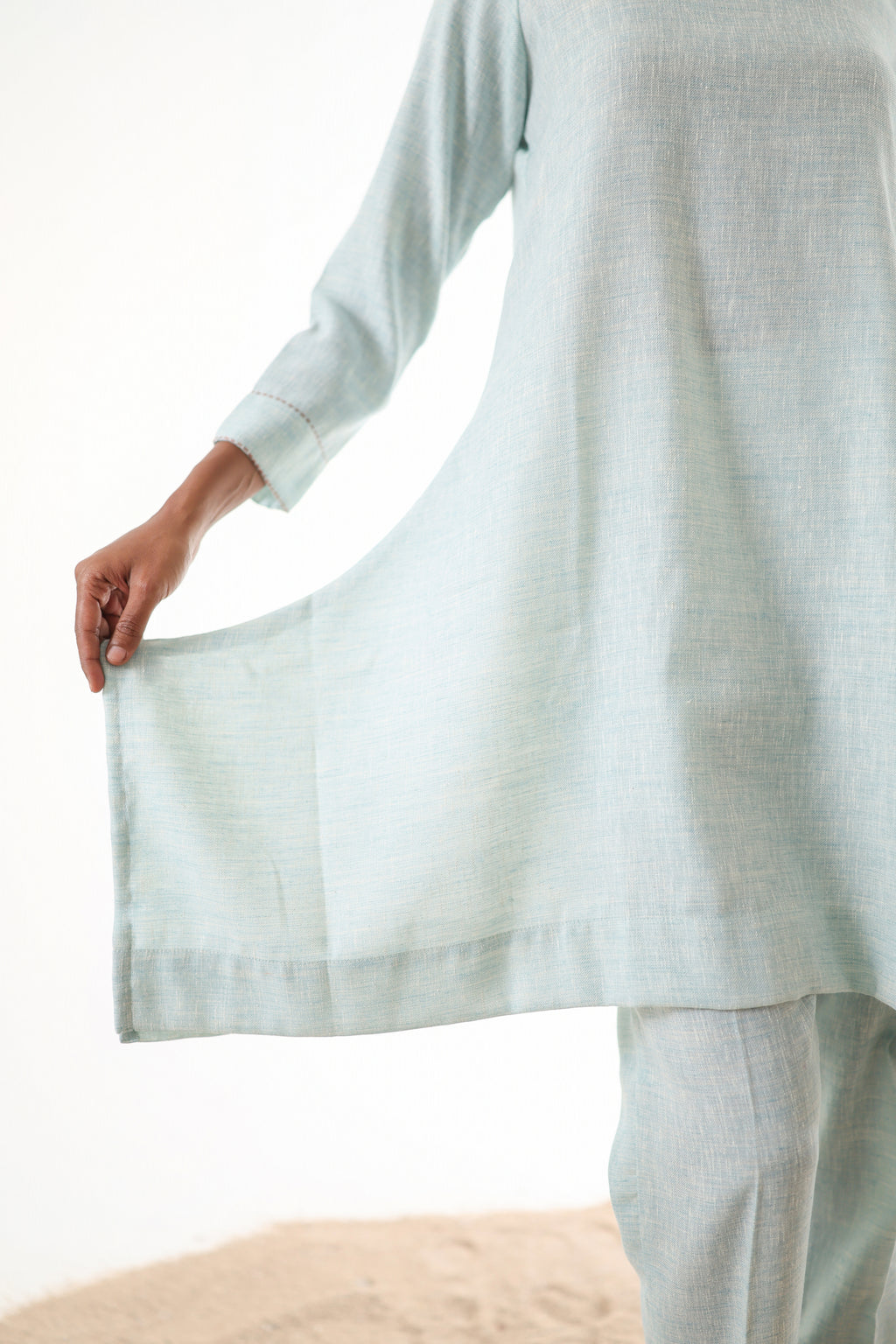 Aks Flowy Co-ord Set with Asymmetrical Hem & Handwork Detailing - Powder Blue or Mint Dust