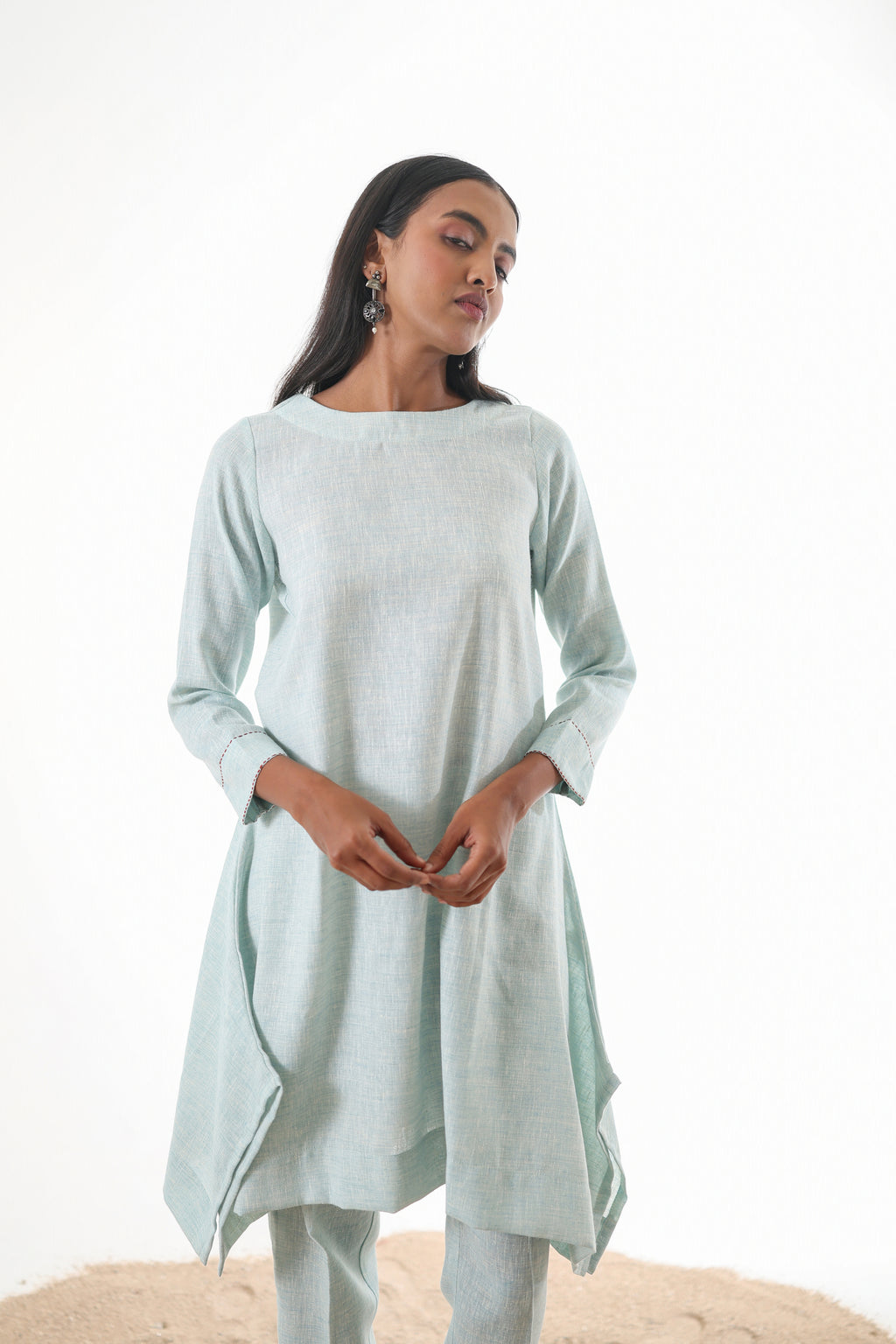Aks Flowy Co-ord Set with Asymmetrical Hem & Handwork Detailing - Powder Blue or Mint Dust