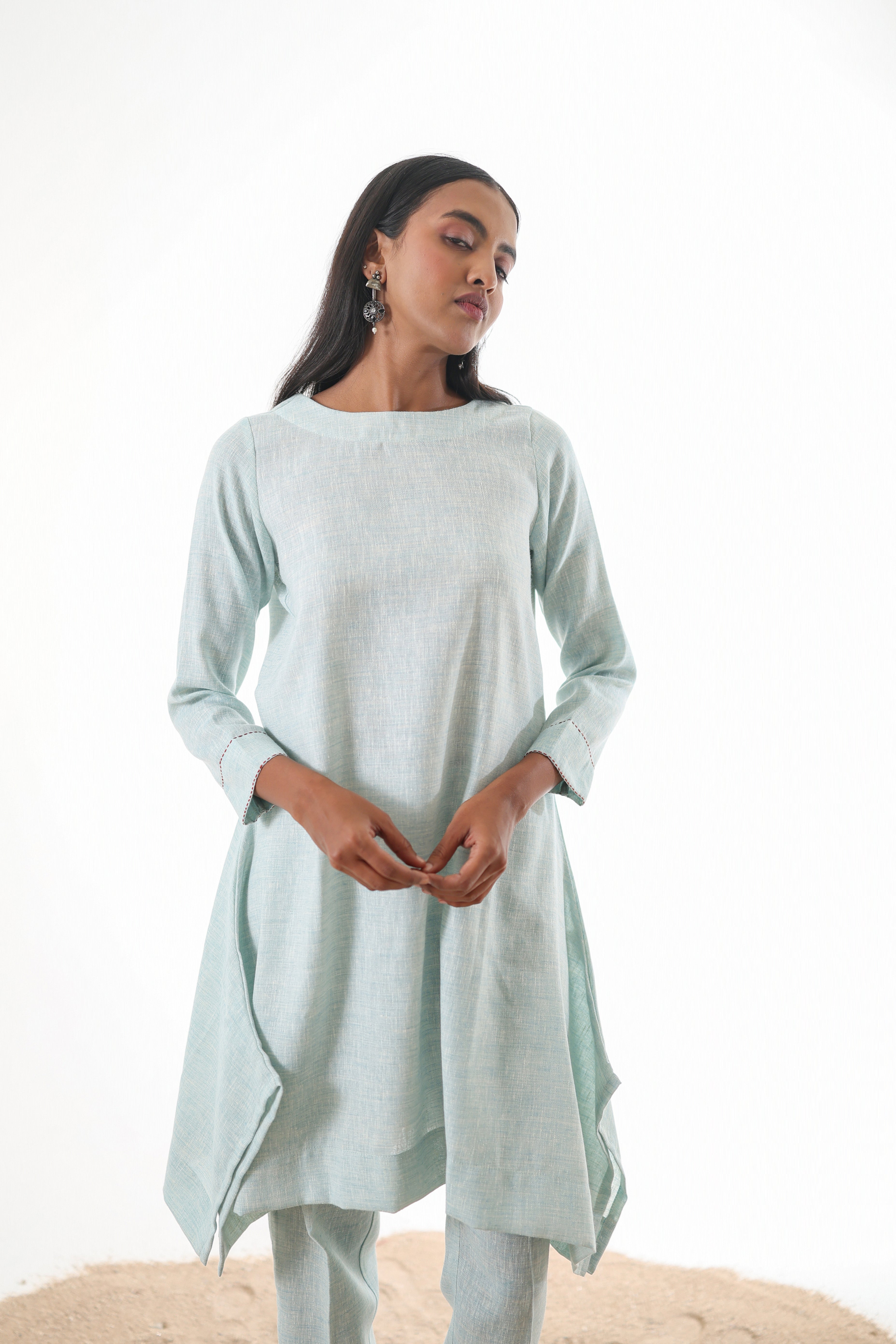 Aks Flowy Co-ord Set with Asymmetrical Hem & Handwork Detailing - Powder Blue or Mint Dust