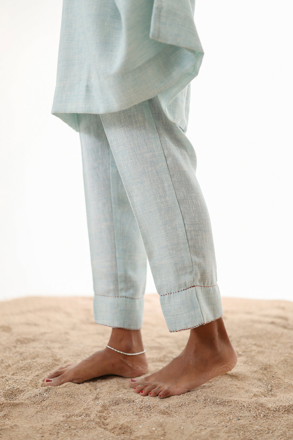 Aks Flowy Co-ord Set with Asymmetrical Hem & Handwork Detailing - Powder Blue or Mint Dust