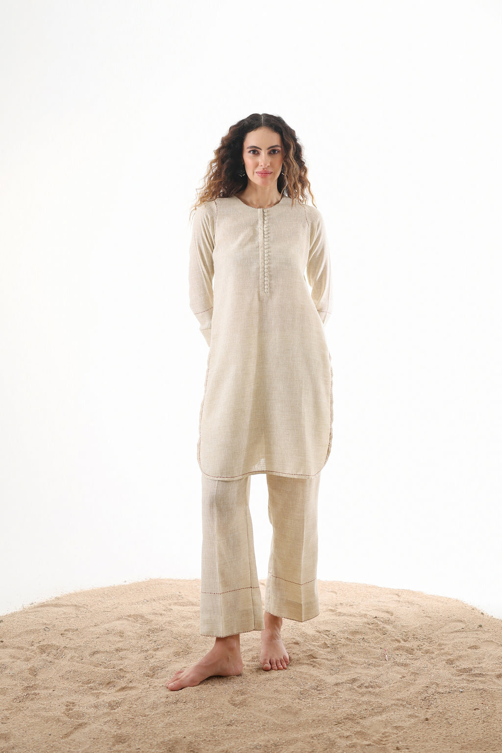 Aks Round Hem Co-ord Set with Embroidery & Button Detailing - Sand Stone