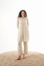 Aks Round Hem Co-ord Set with Embroidery & Button Detailing - Sand Stone