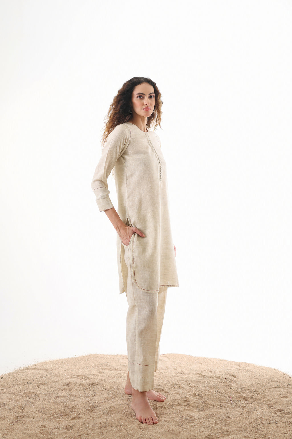 Aks Round Hem Co-ord Set with Embroidery & Button Detailing - Sand Stone