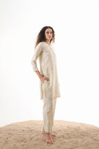 Aks Round Hem Co-ord Set with Embroidery & Button Detailing - Sand Stone
